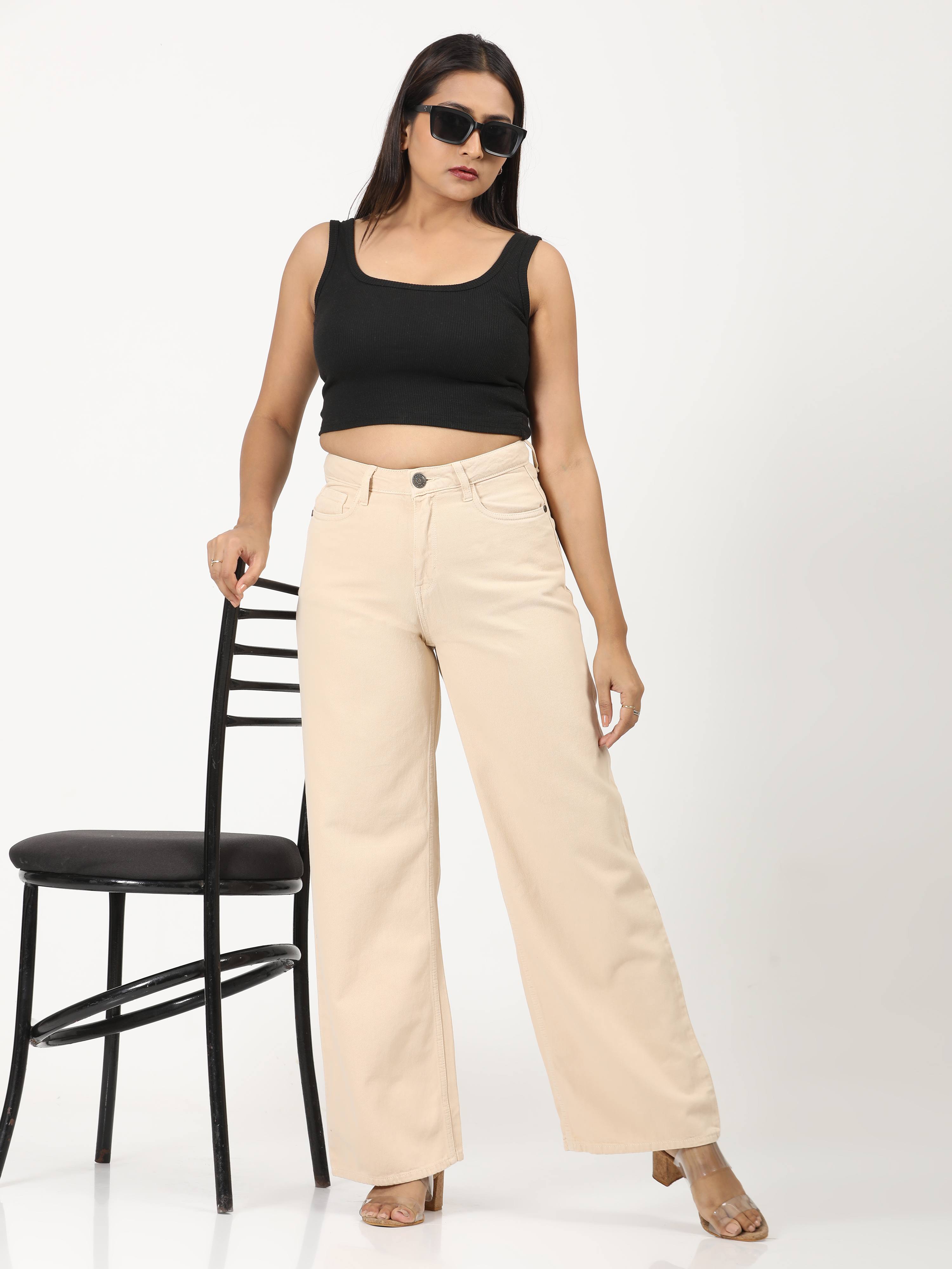 High Rise Wide Leg Denim Jeans - Beige