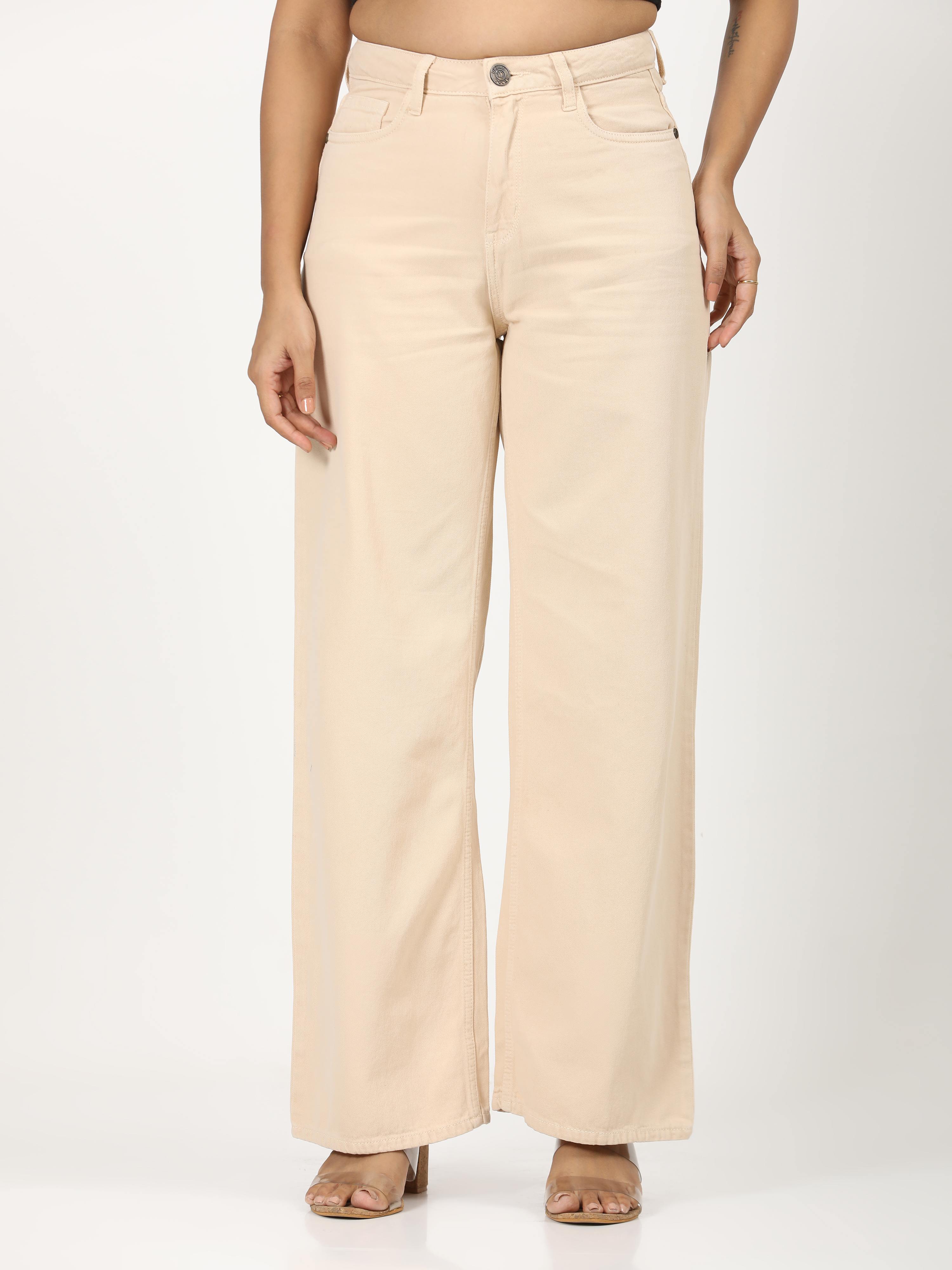 High Rise Wide Leg Denim Jeans - Beige