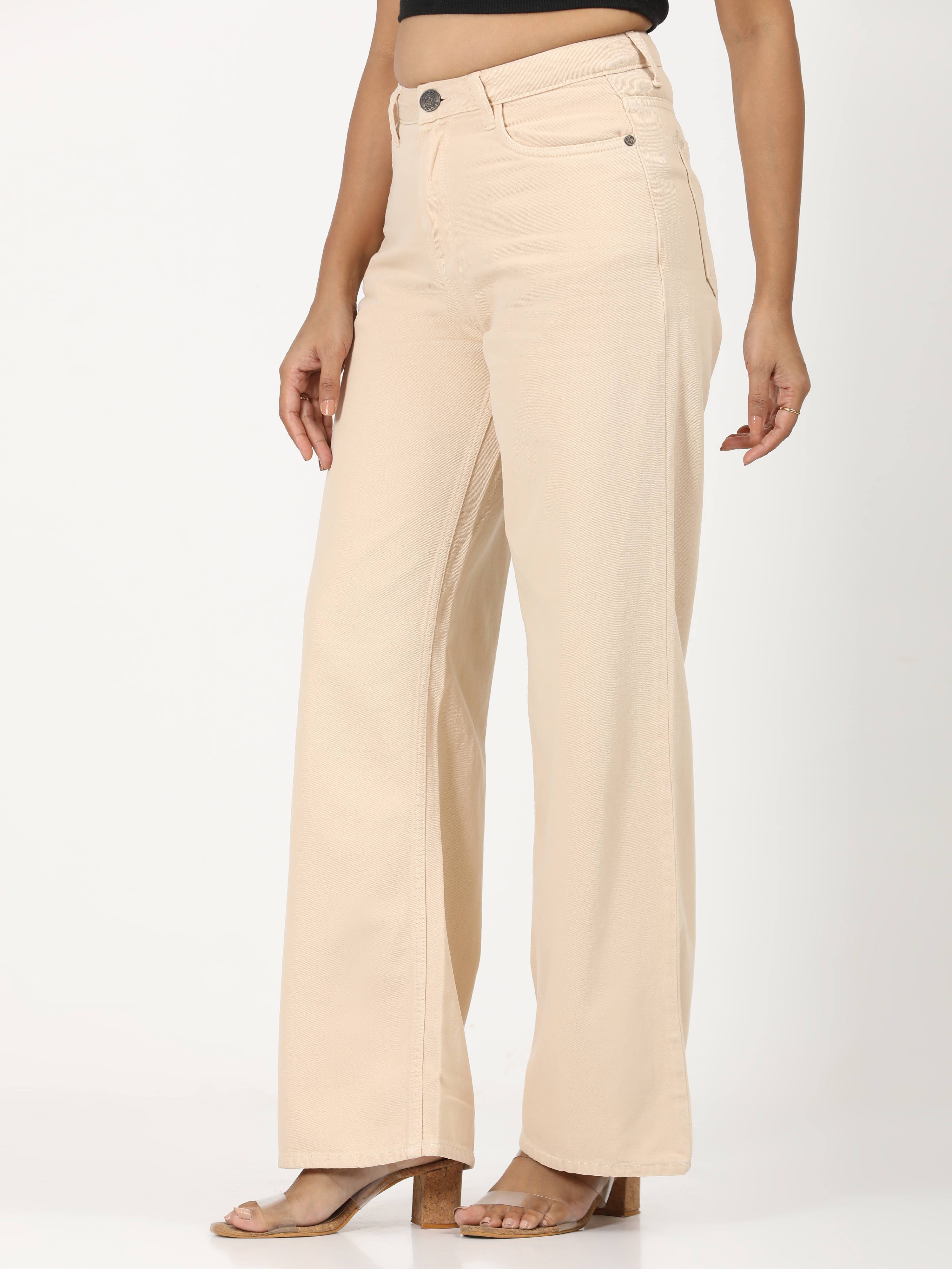 High Rise Wide Leg Denim Jeans - Beige