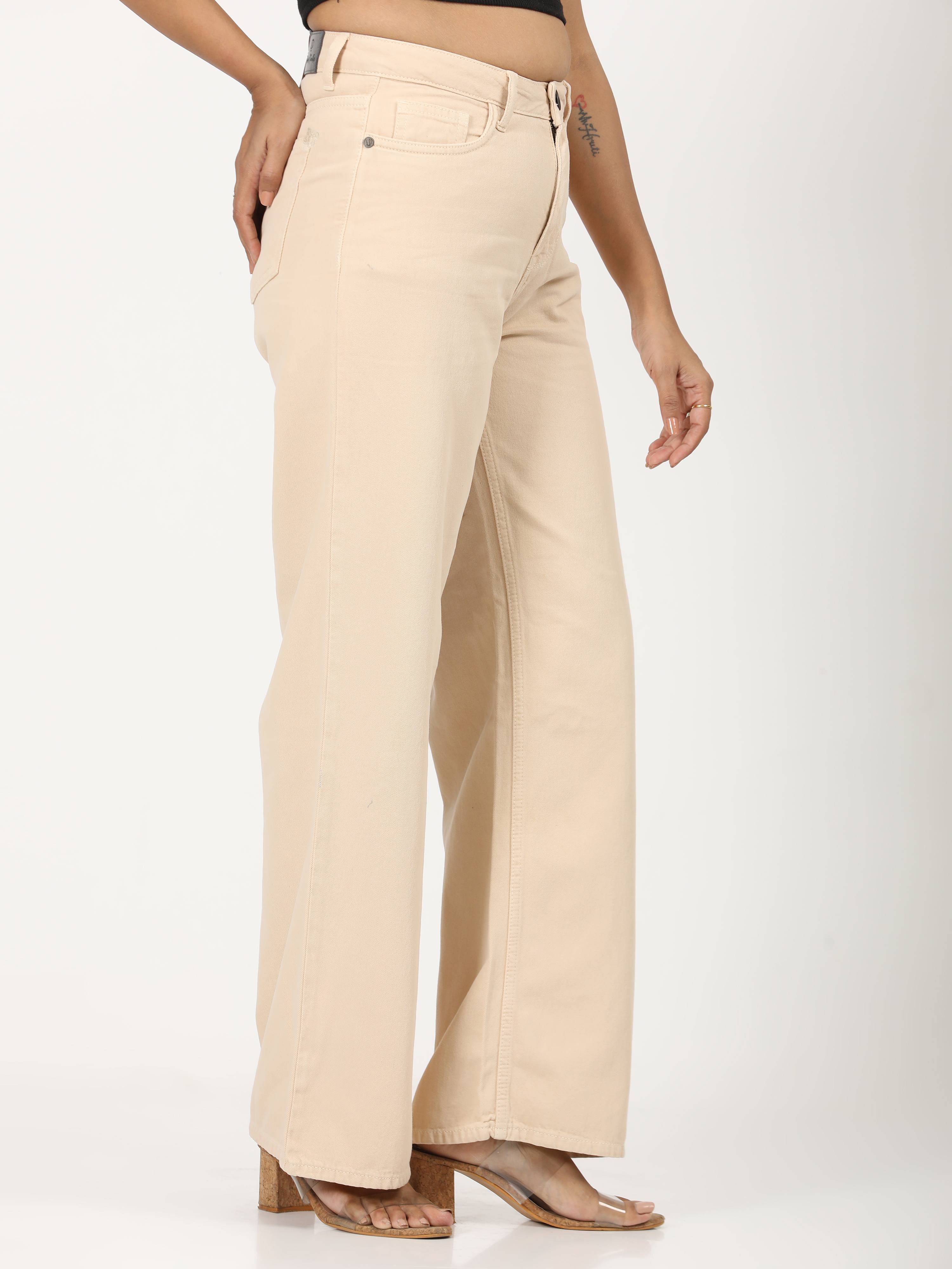 High Rise Wide Leg Denim Jeans - Beige