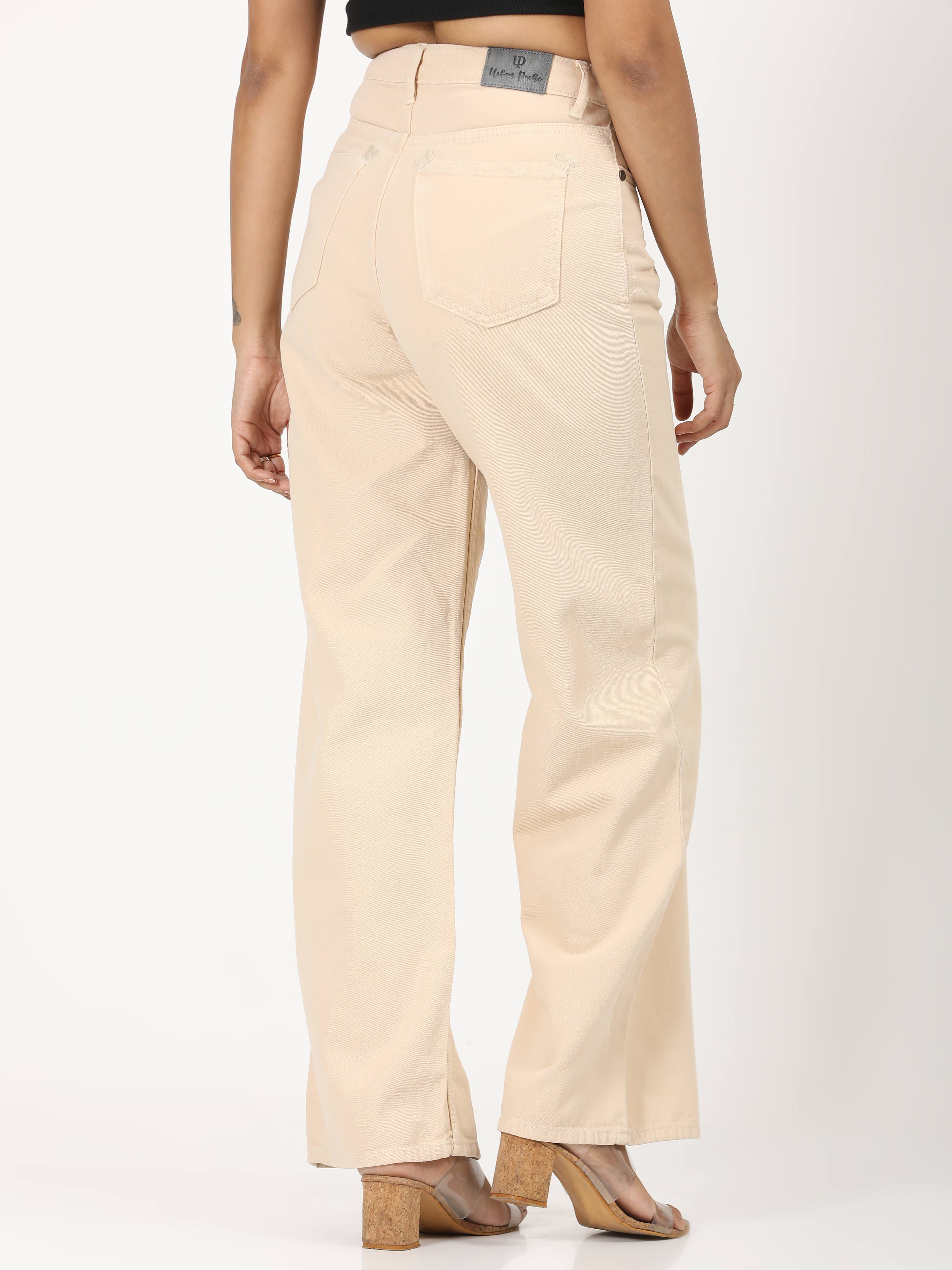High Rise Wide Leg Denim Jeans - Beige