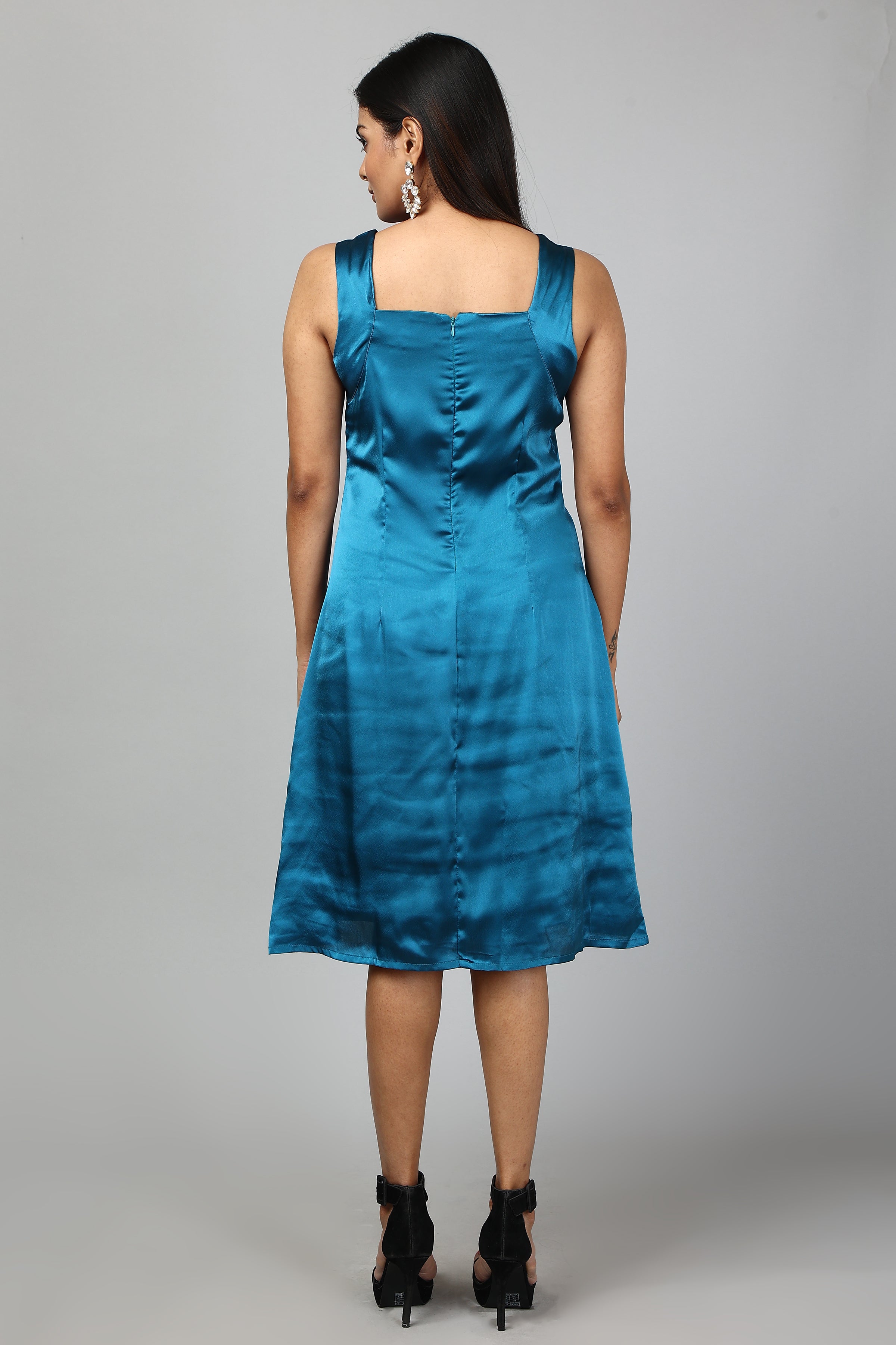 Solid Satin A-Line Dress- Sky Blue