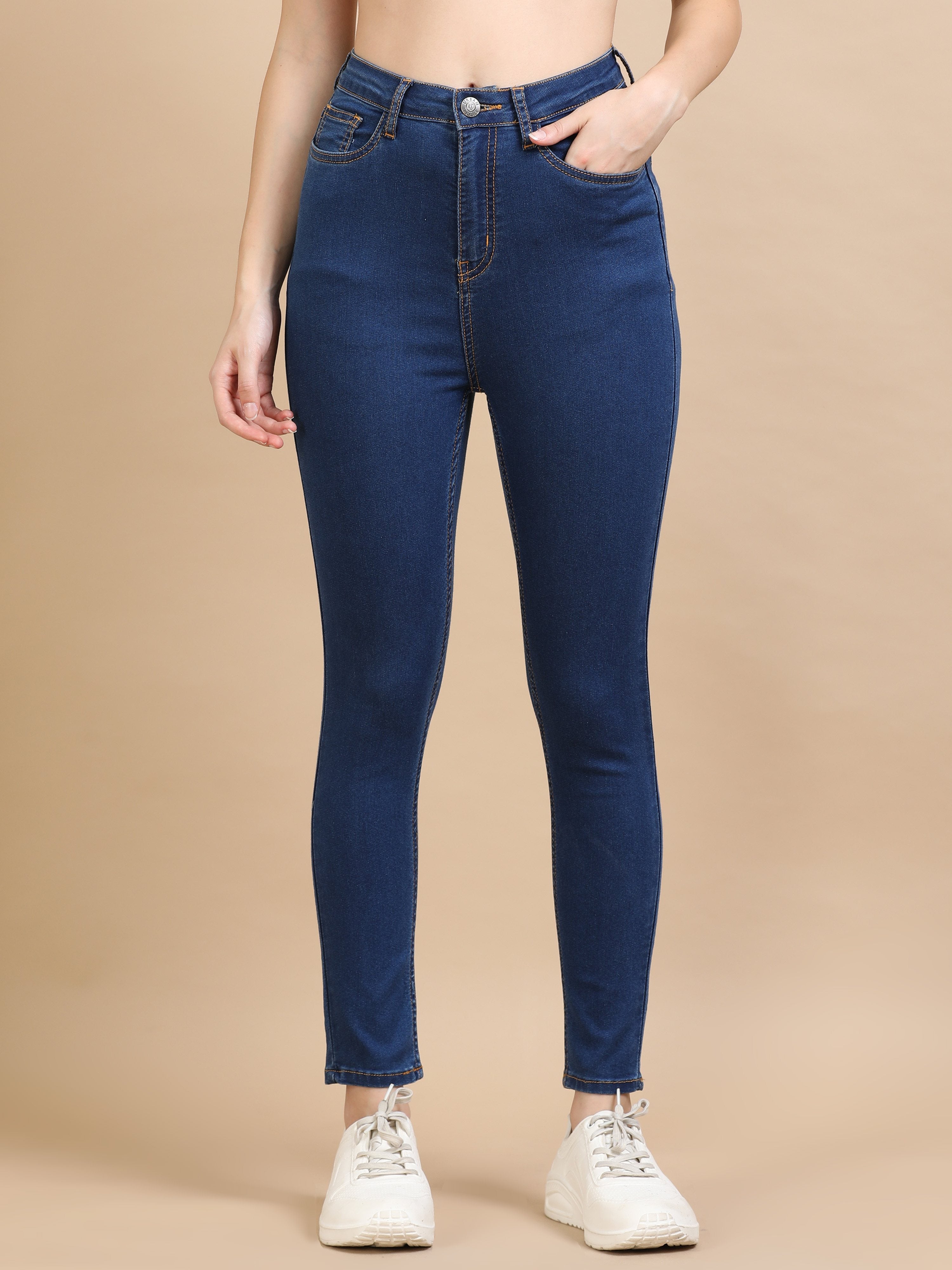 High Waist Skinny Fit Stretch Jeans-Mid Blue