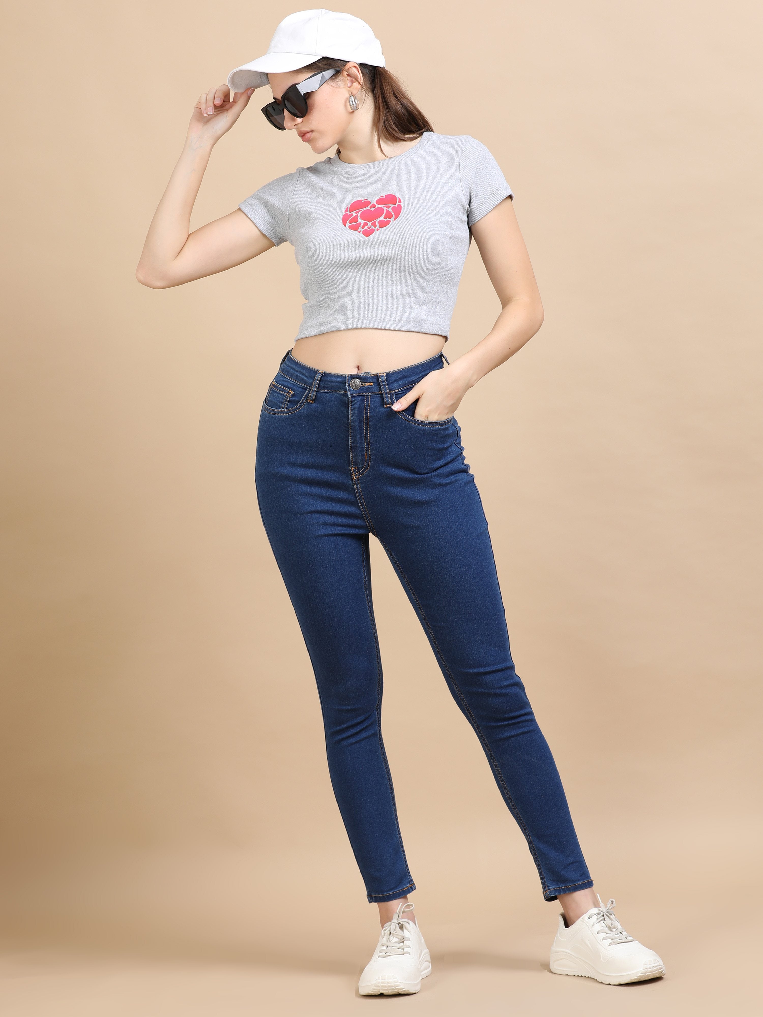 High Waist Skinny Fit Stretch Jeans-Mid Blue