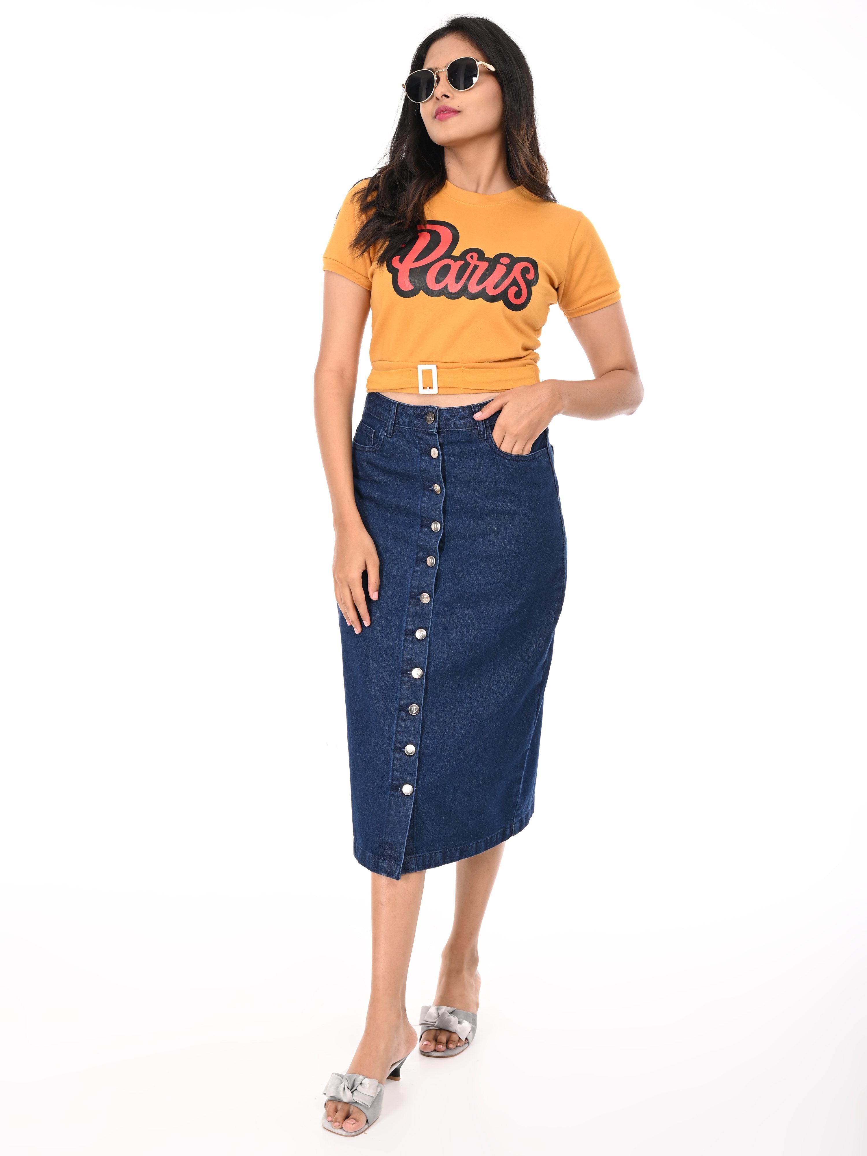 Solid Denim Skirt -Dark Blue