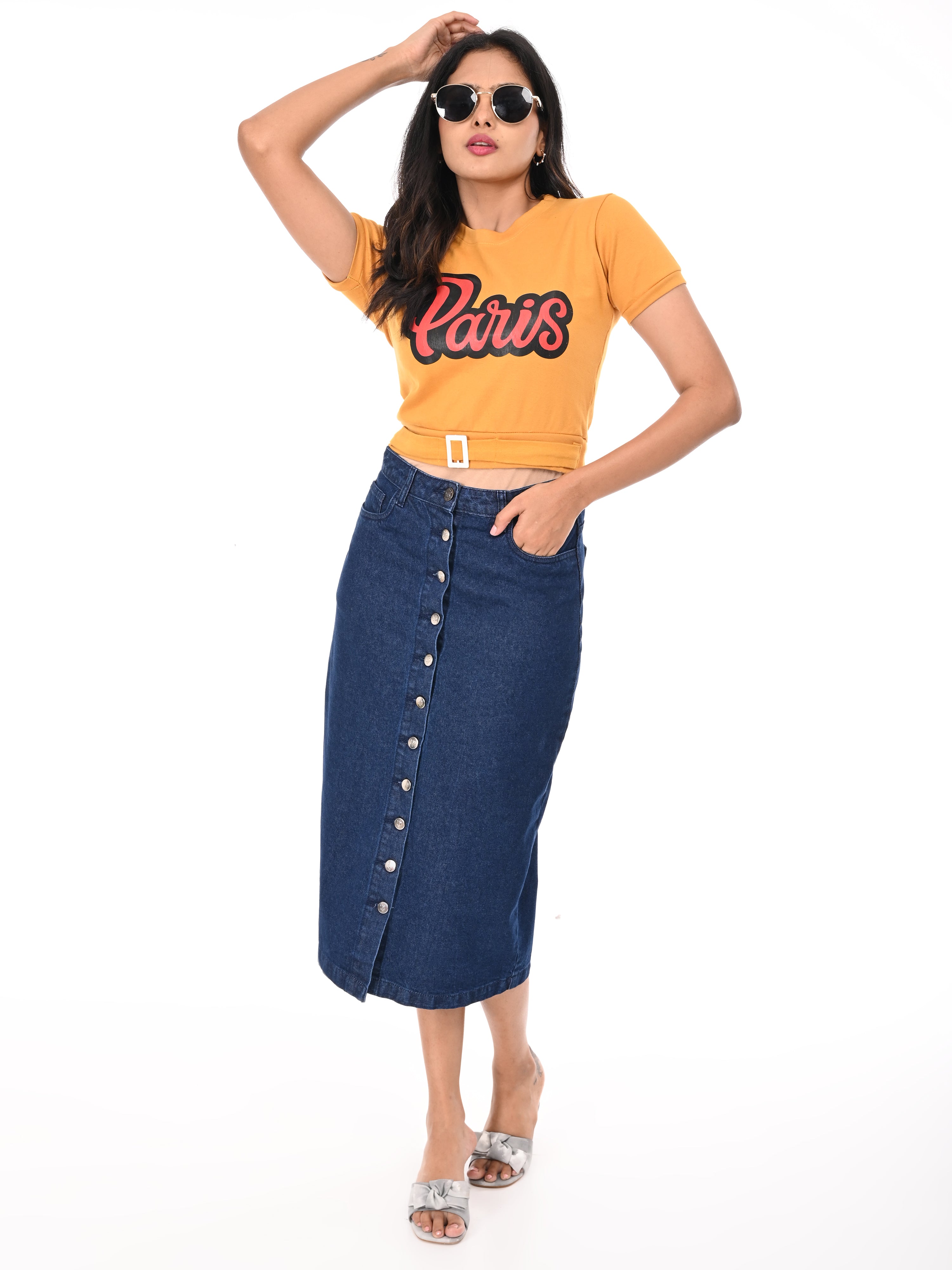 Solid Denim Skirt -Dark Blue