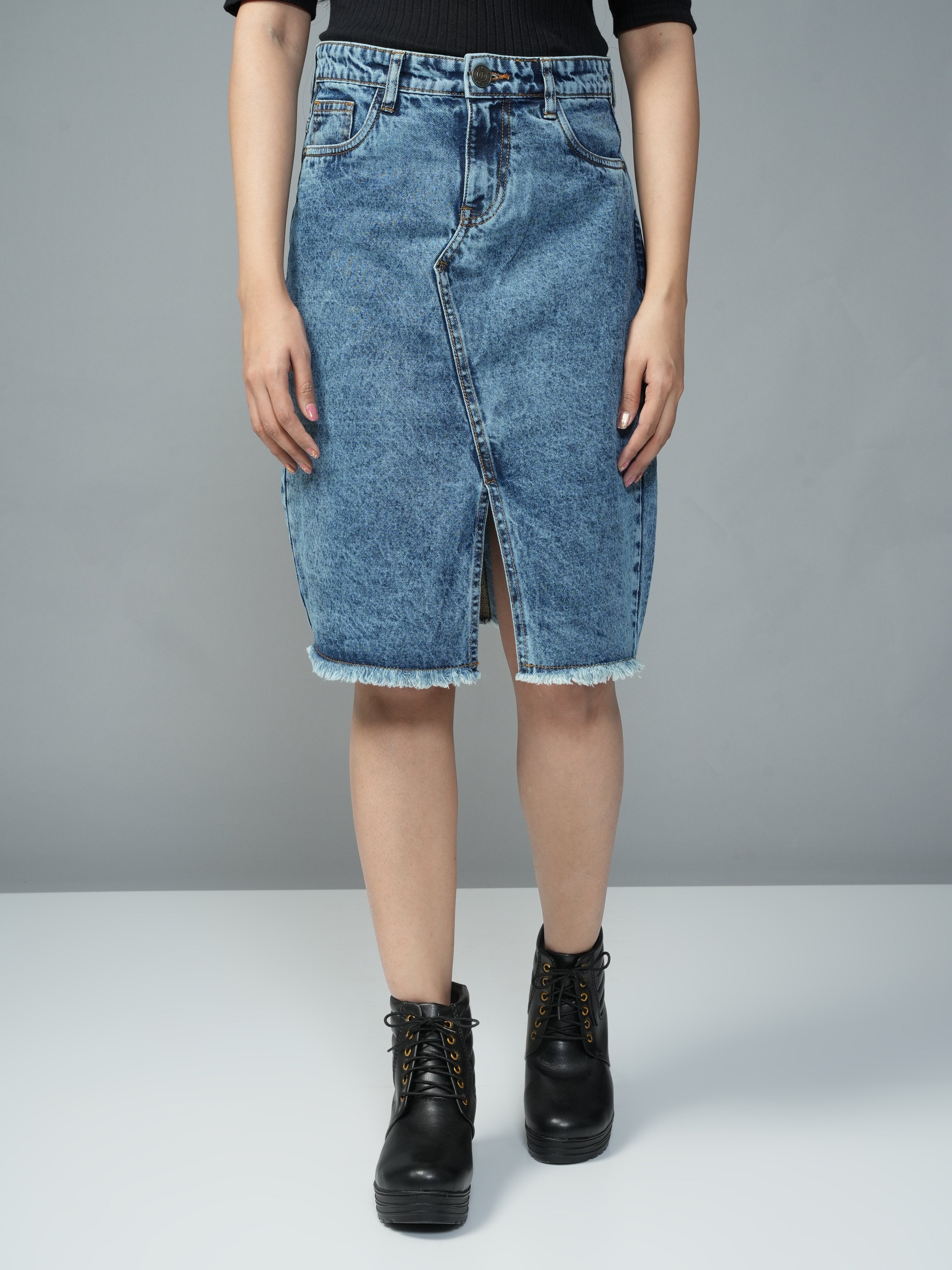High Rise Light Blue Knee Length Slit Denim Skirt