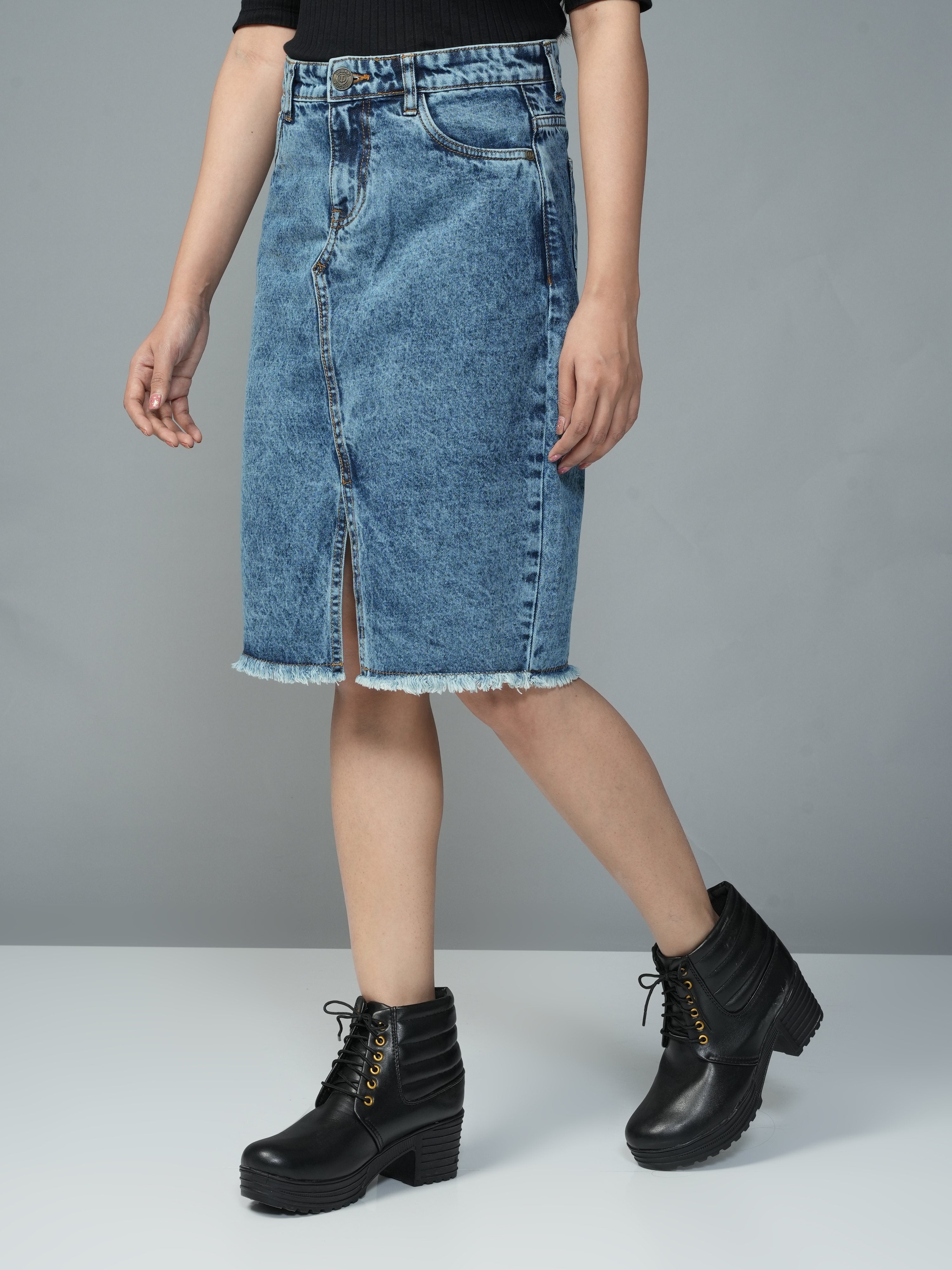 High Rise Light Blue Knee Length Slit Denim Skirt