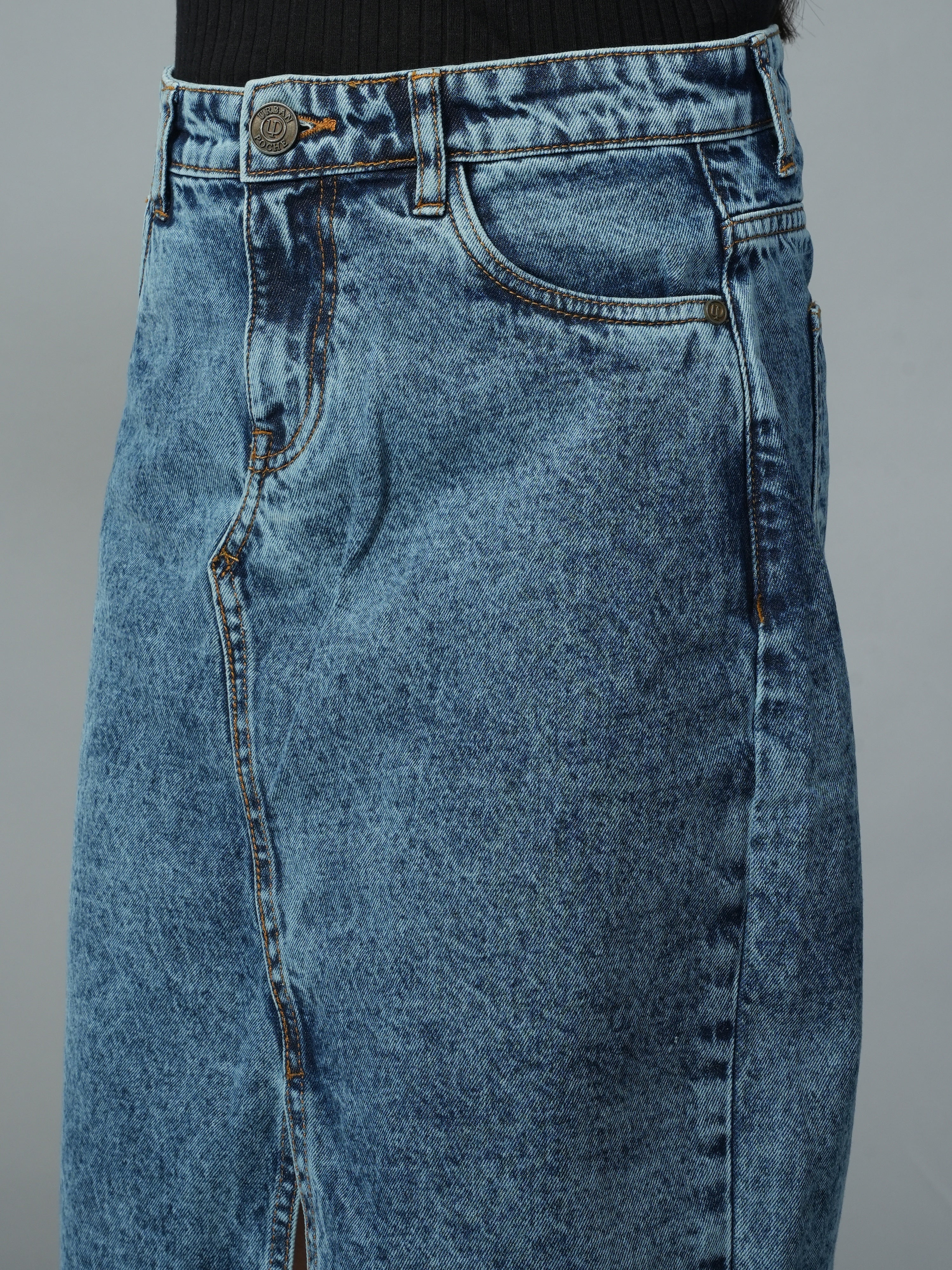 High Rise Light Blue Knee Length Slit Denim Skirt