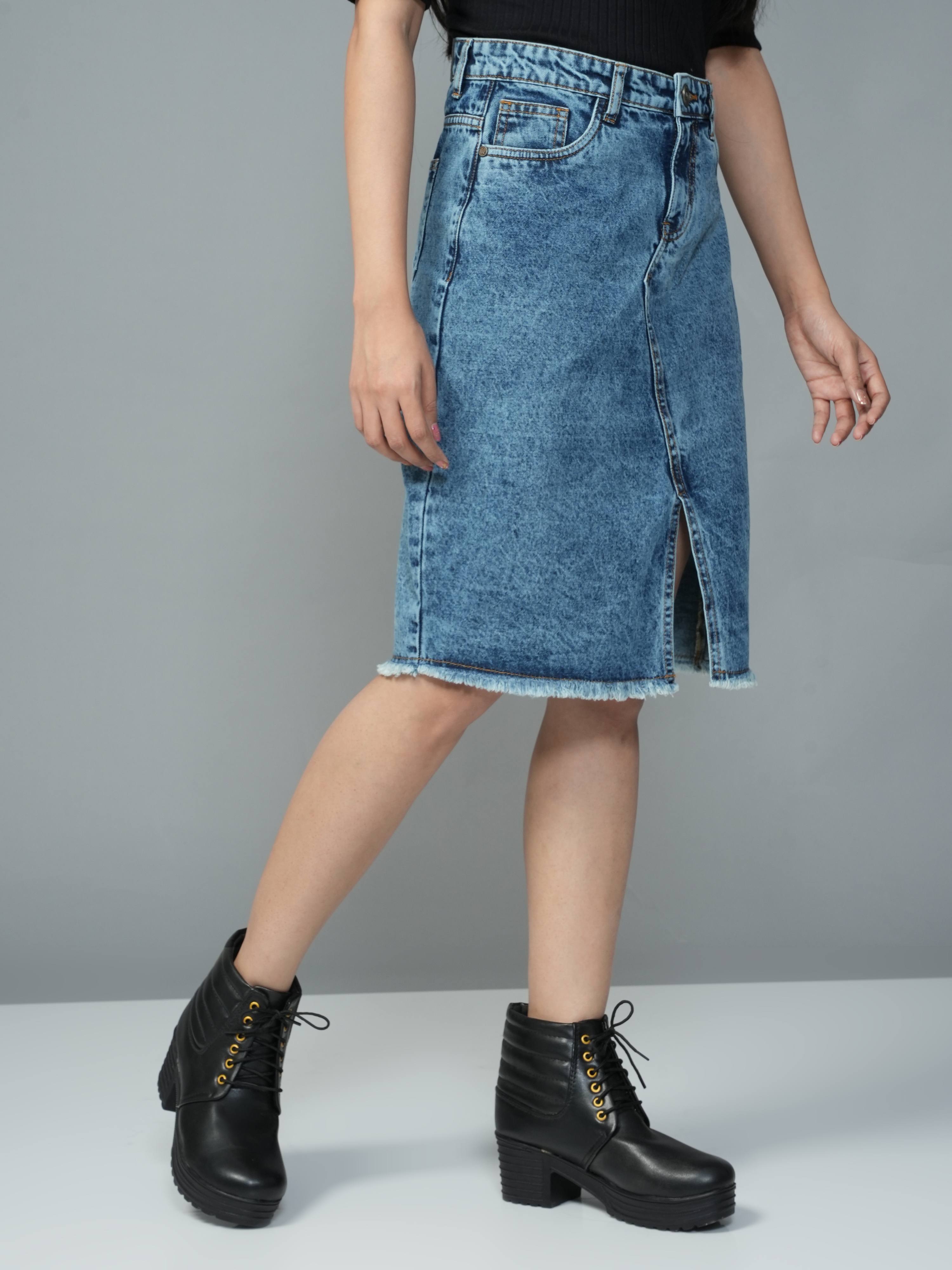 High Rise Light Blue Knee Length Slit Denim Skirt