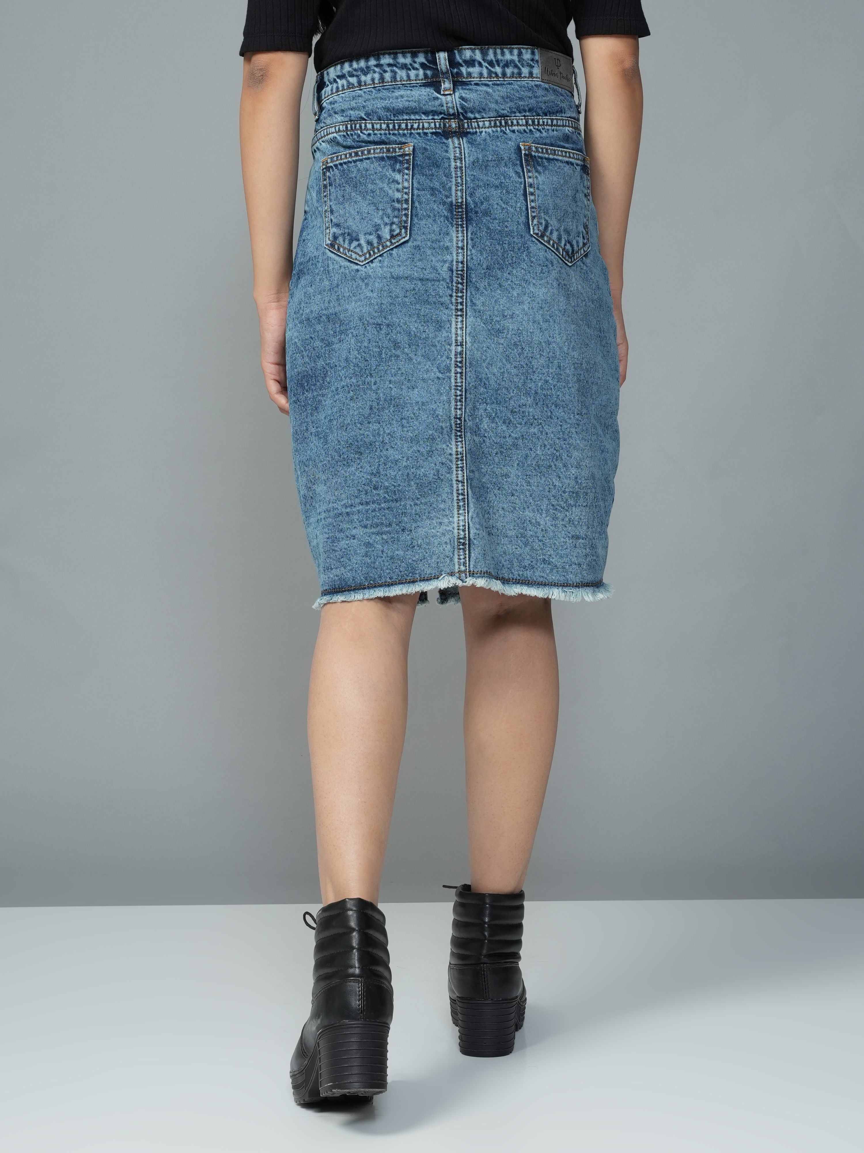 High Rise Light Blue Knee Length Slit Denim Skirt