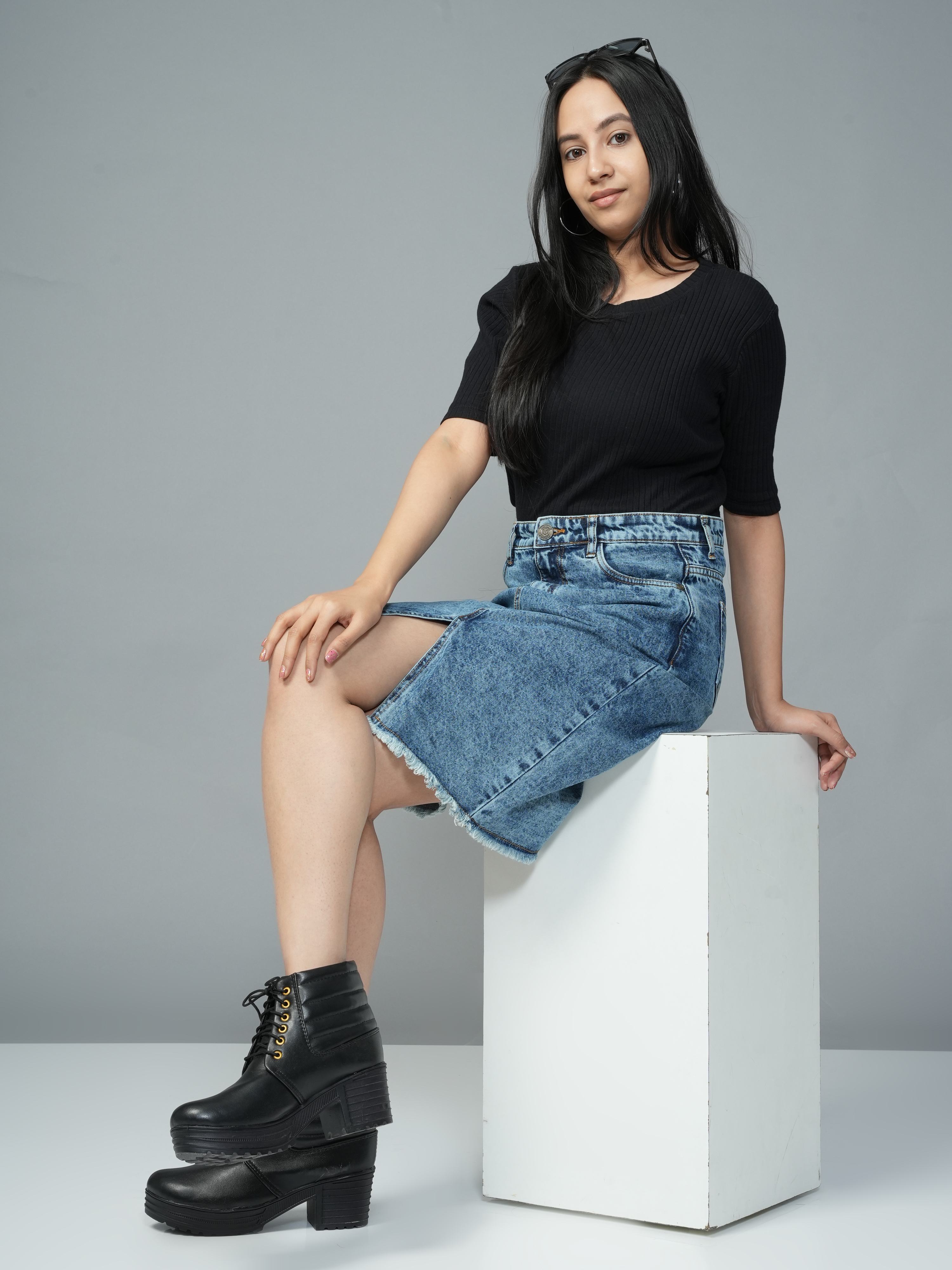 High Rise Light Blue Knee Length Slit Denim Skirt