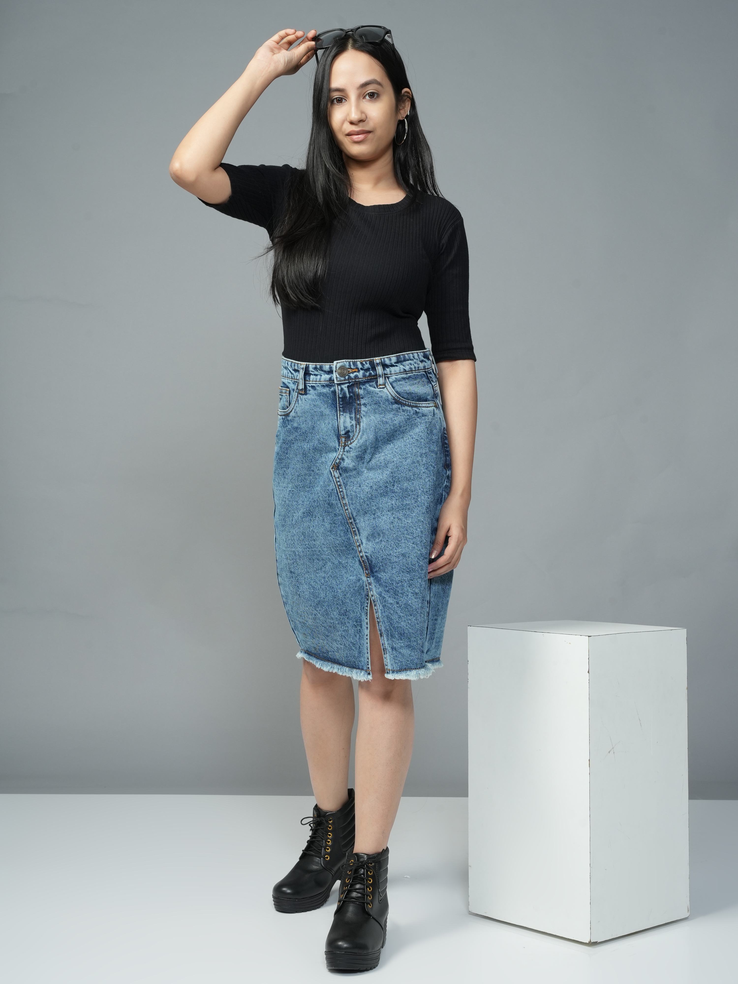 High Rise Light Blue Knee Length Slit Denim Skirt