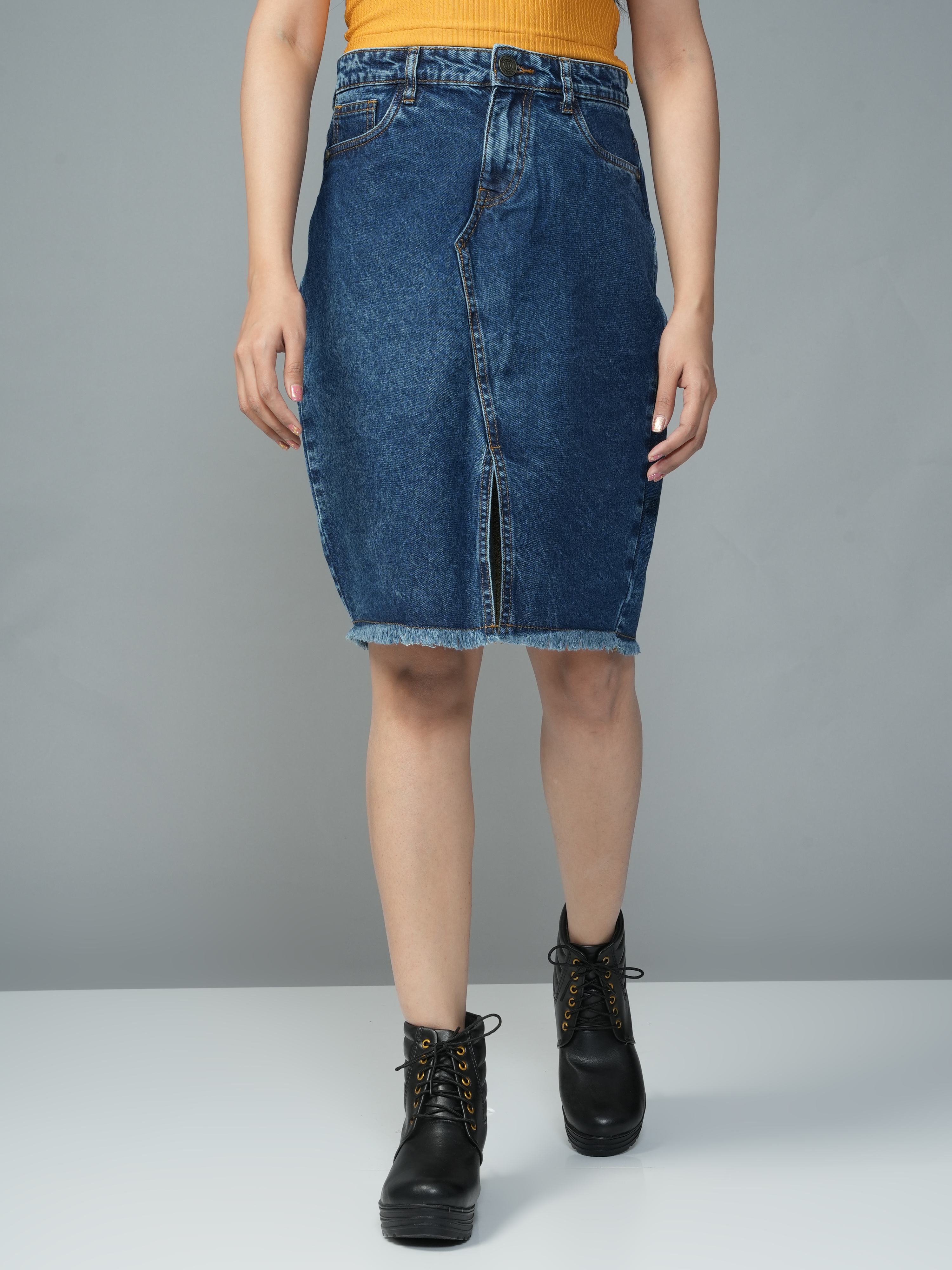 High Rise Blue Knee Lenth Slit Denim Skirt