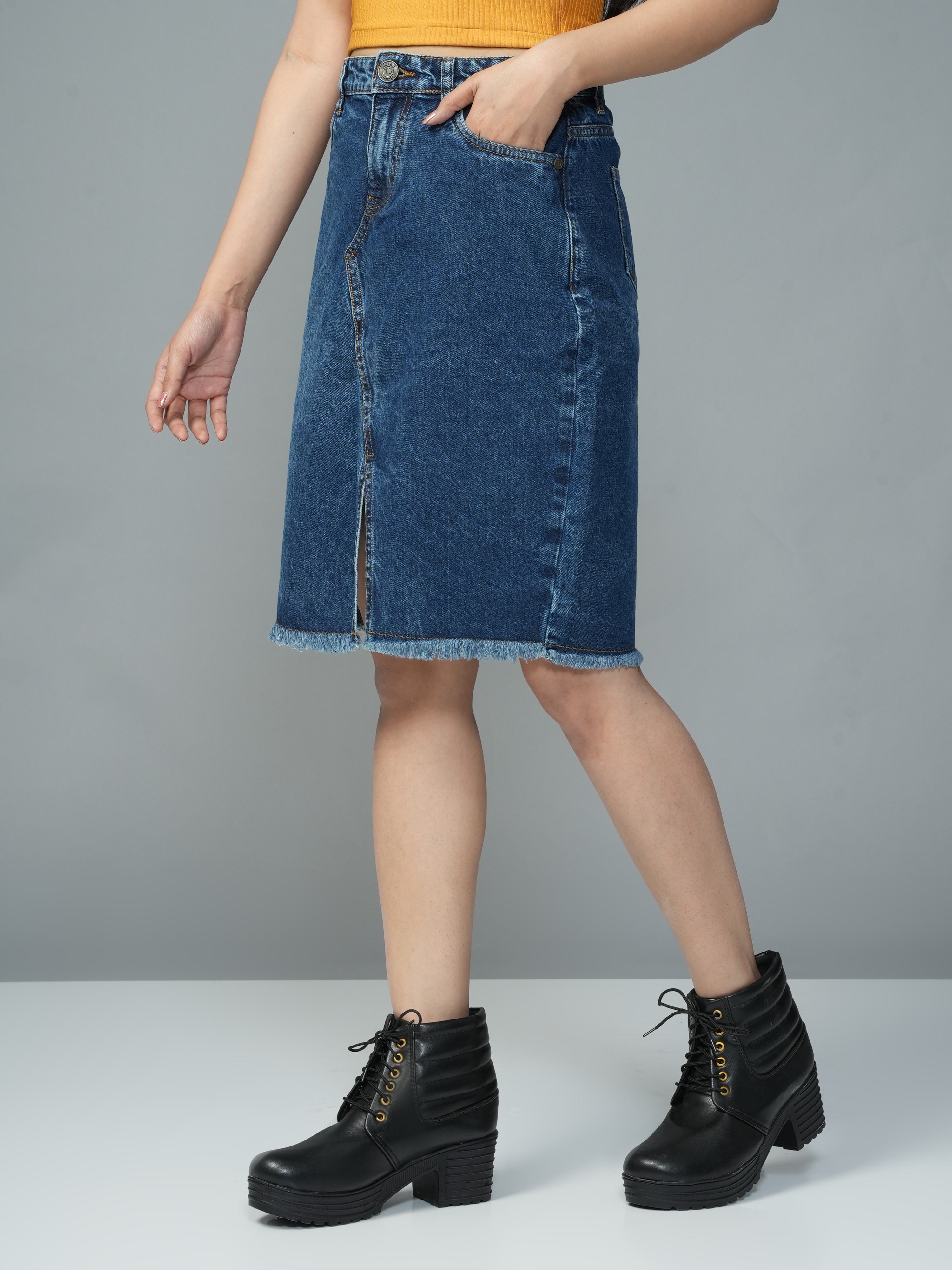 High Rise Blue Knee Lenth Slit Denim Skirt