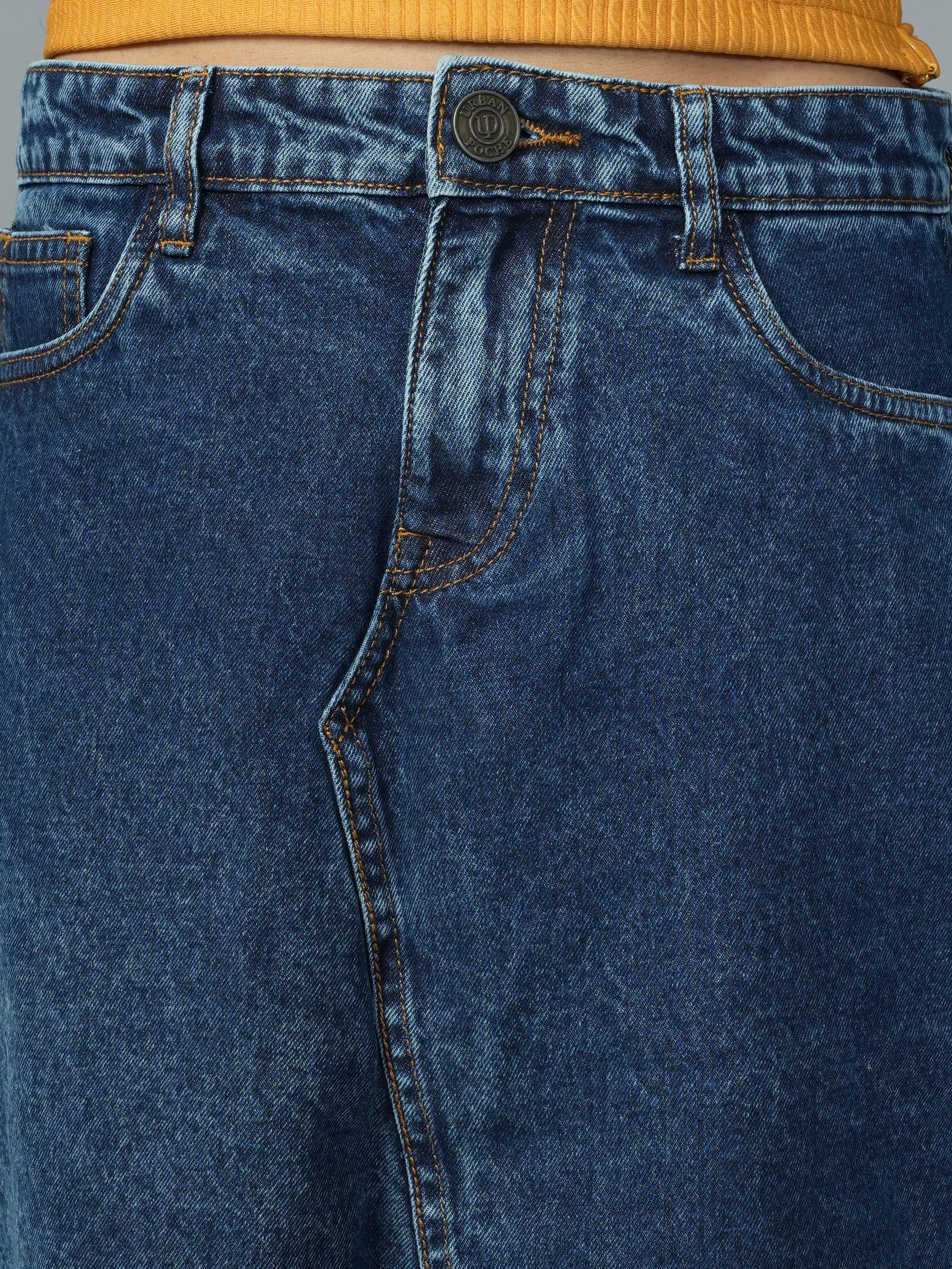 High Rise Blue Knee Lenth Slit Denim Skirt