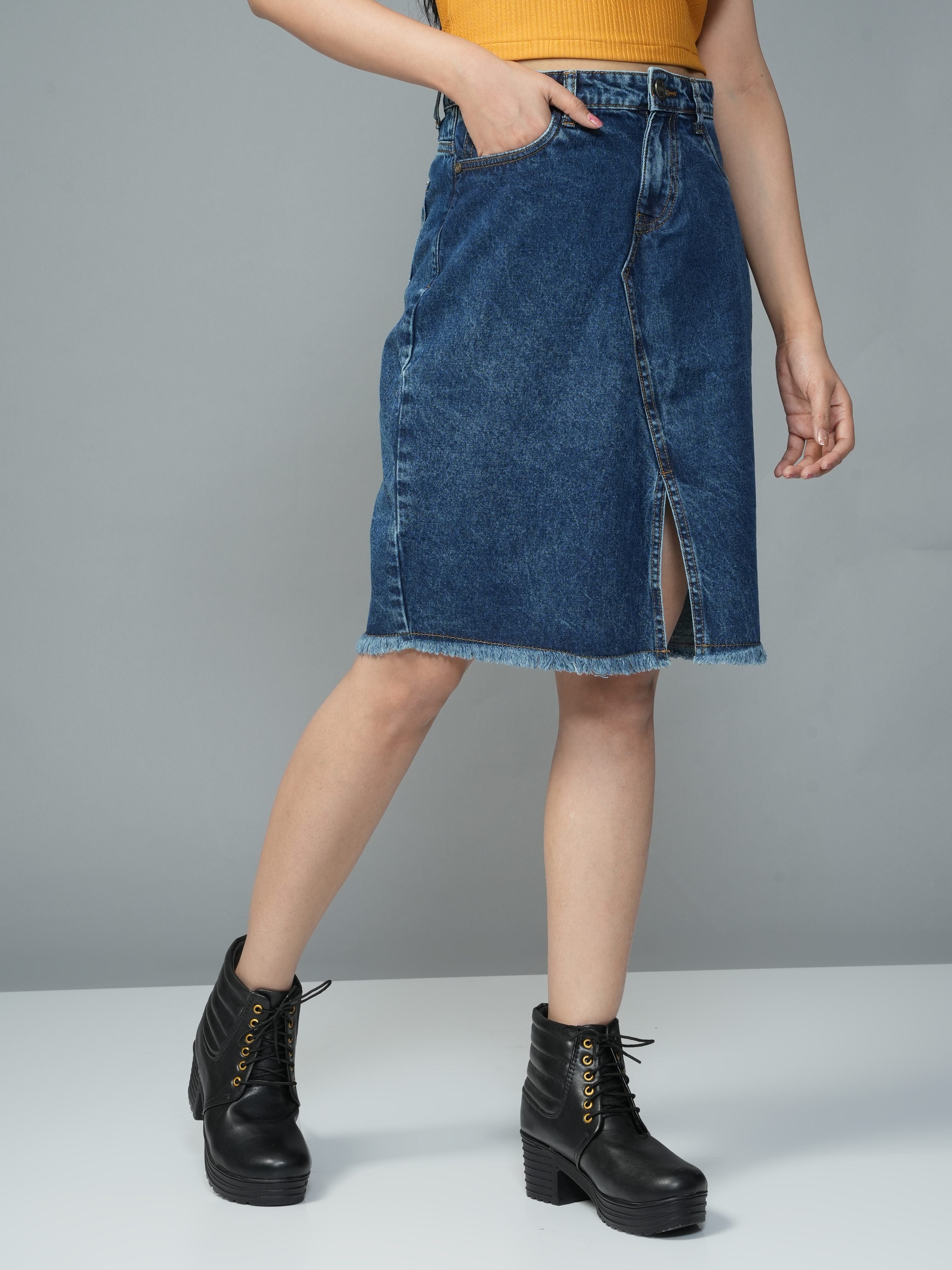 High Rise Blue Knee Lenth Slit Denim Skirt