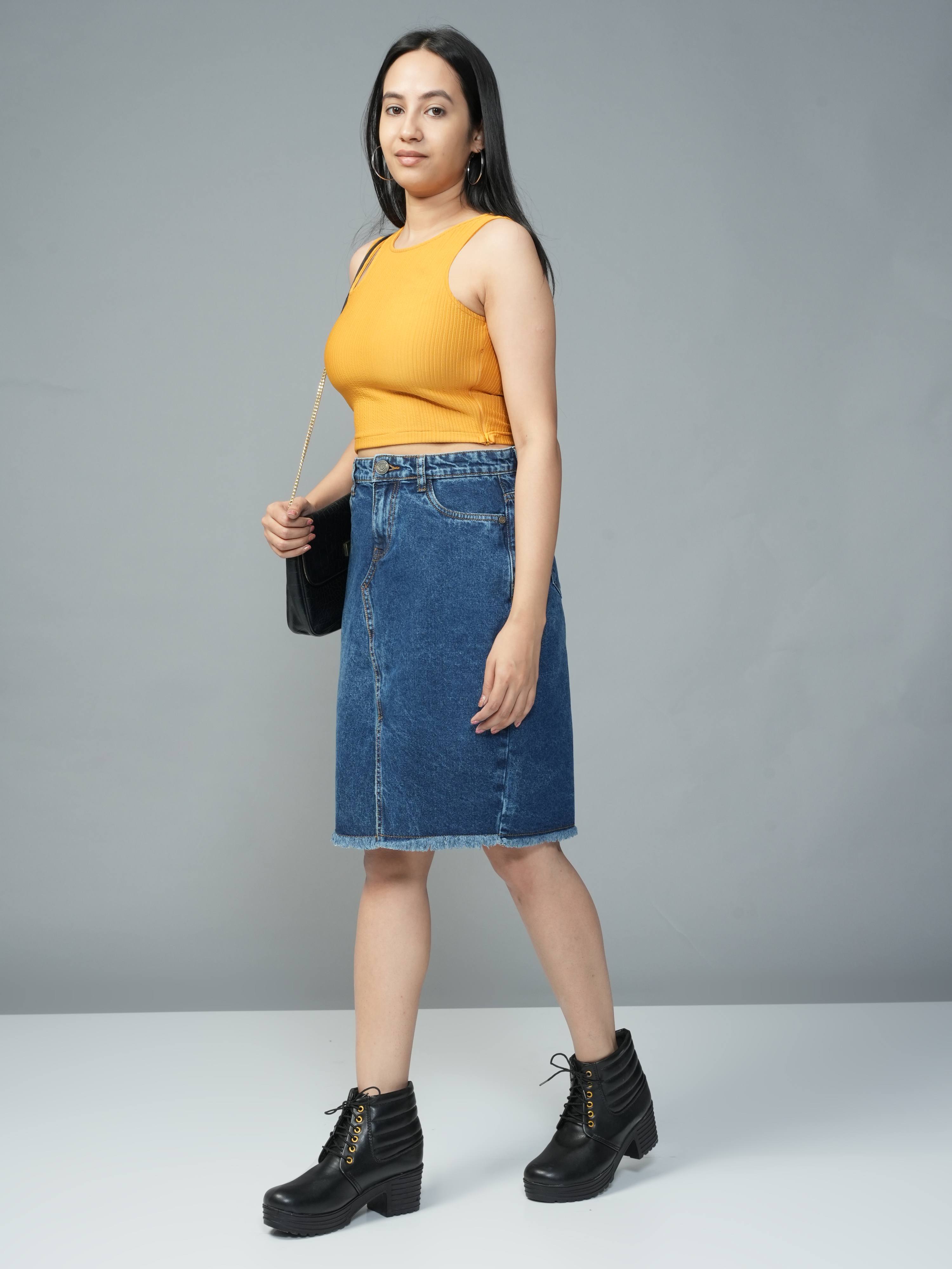 High Rise Blue Knee Lenth Slit Denim Skirt