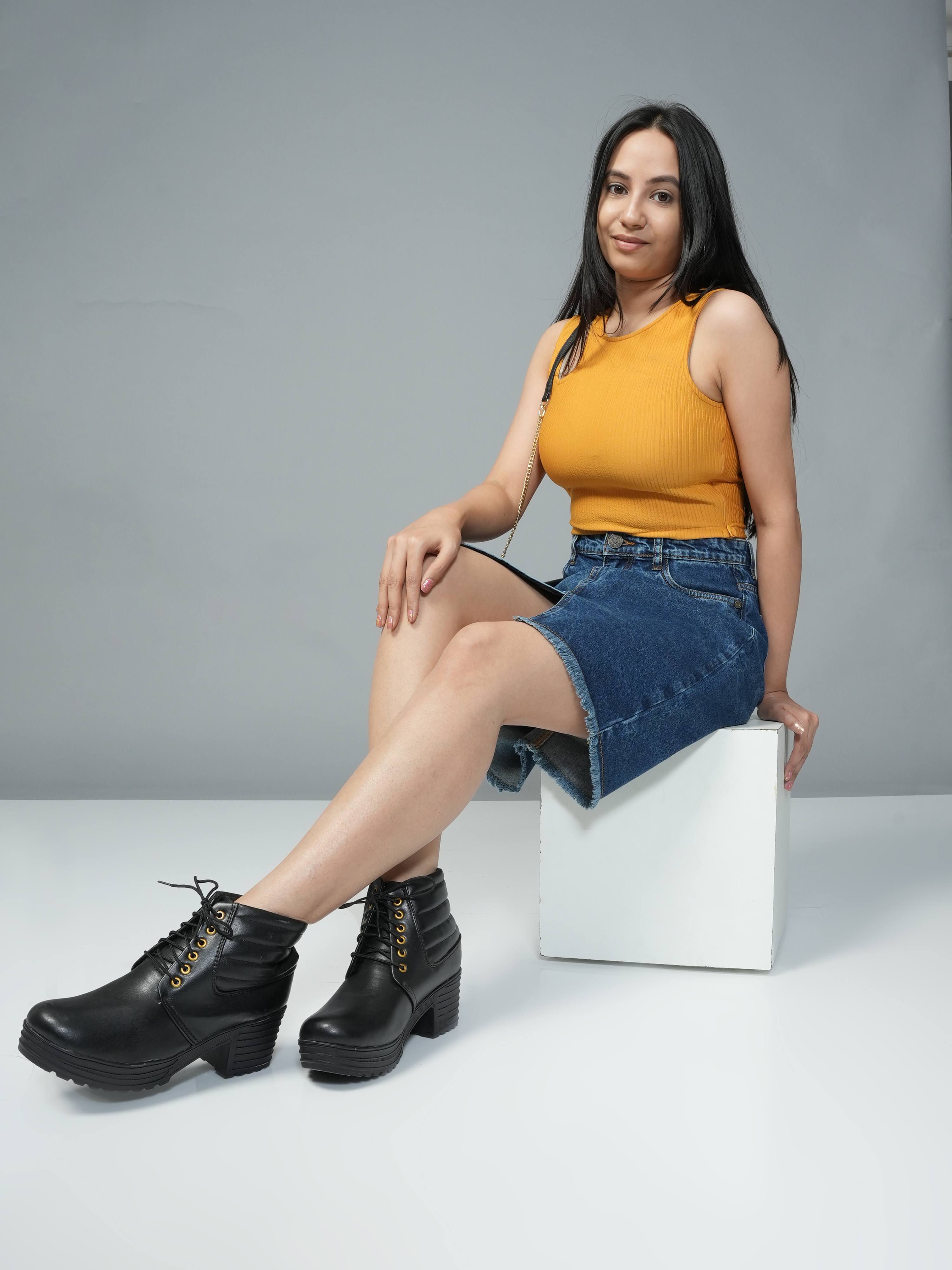 High Rise Blue Knee Lenth Slit Denim Skirt