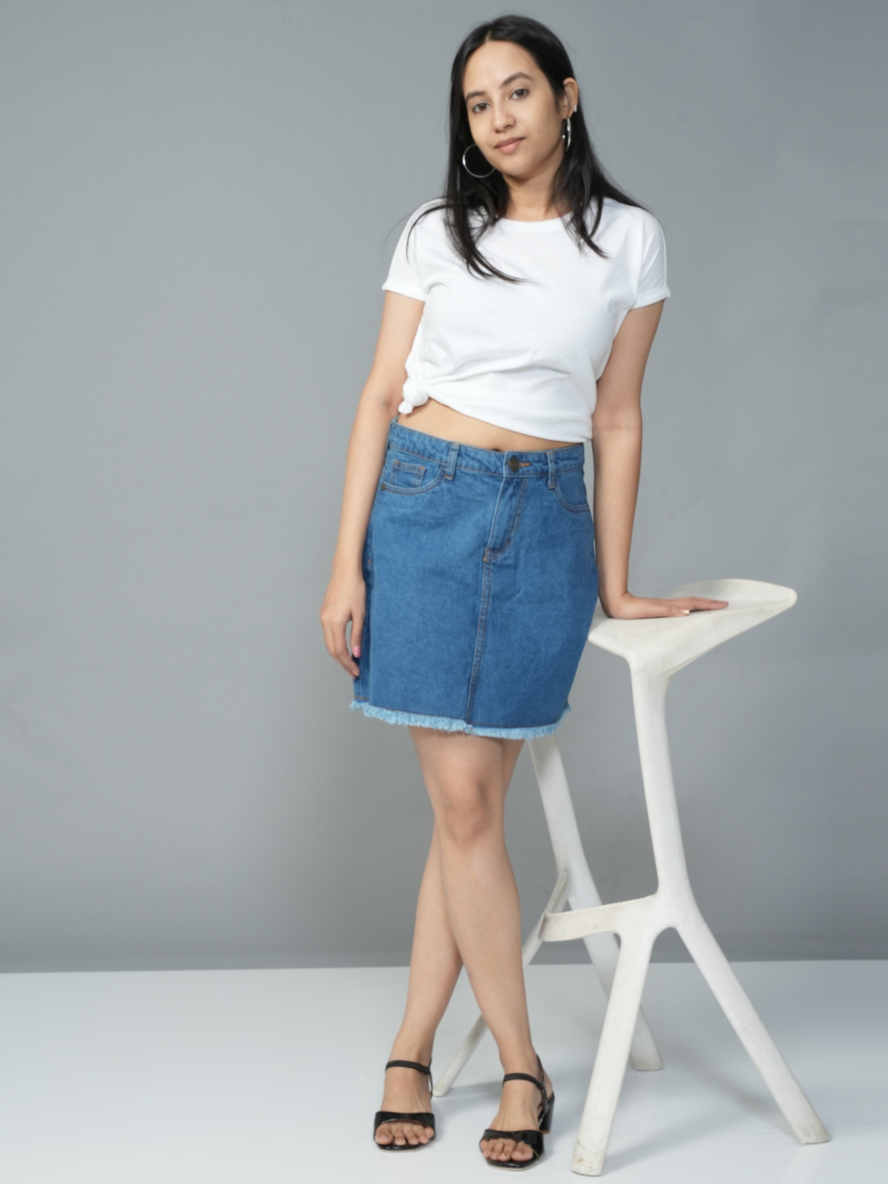 High Rise Mid Blue Denim Skirt