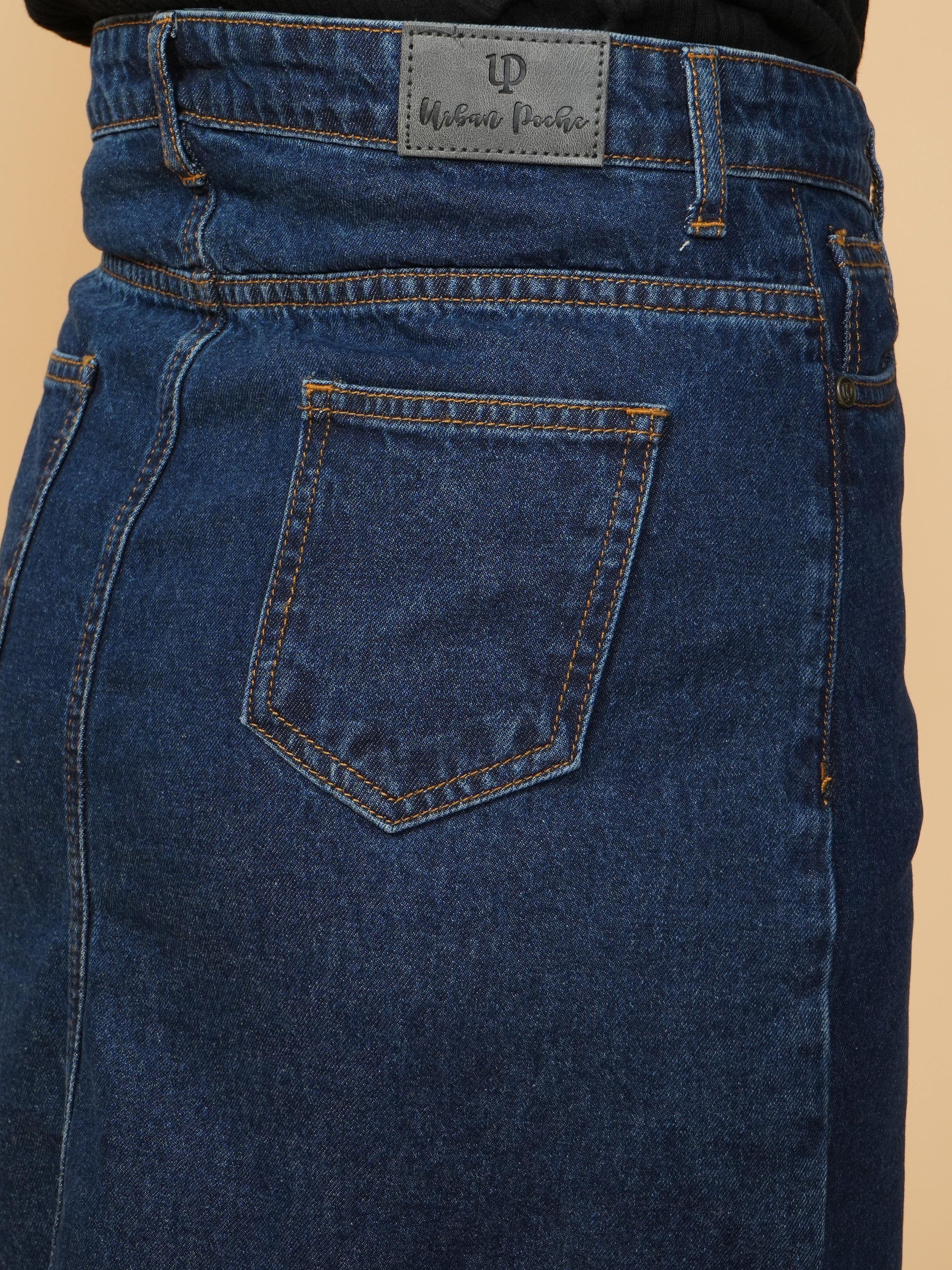 High Rise Indigo blue Knee Length Slit Denim Skirt