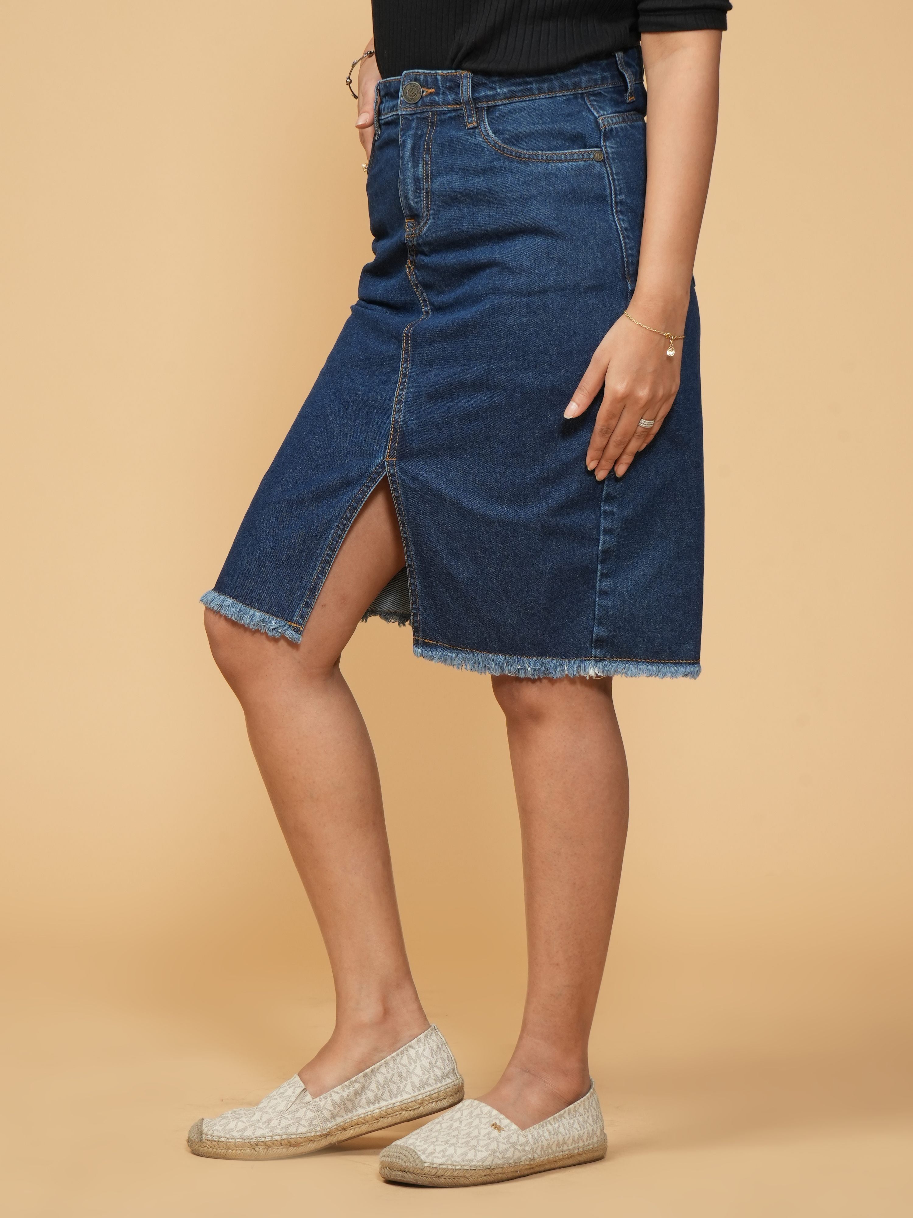 High Rise Indigo blue Knee Length Slit Denim Skirt