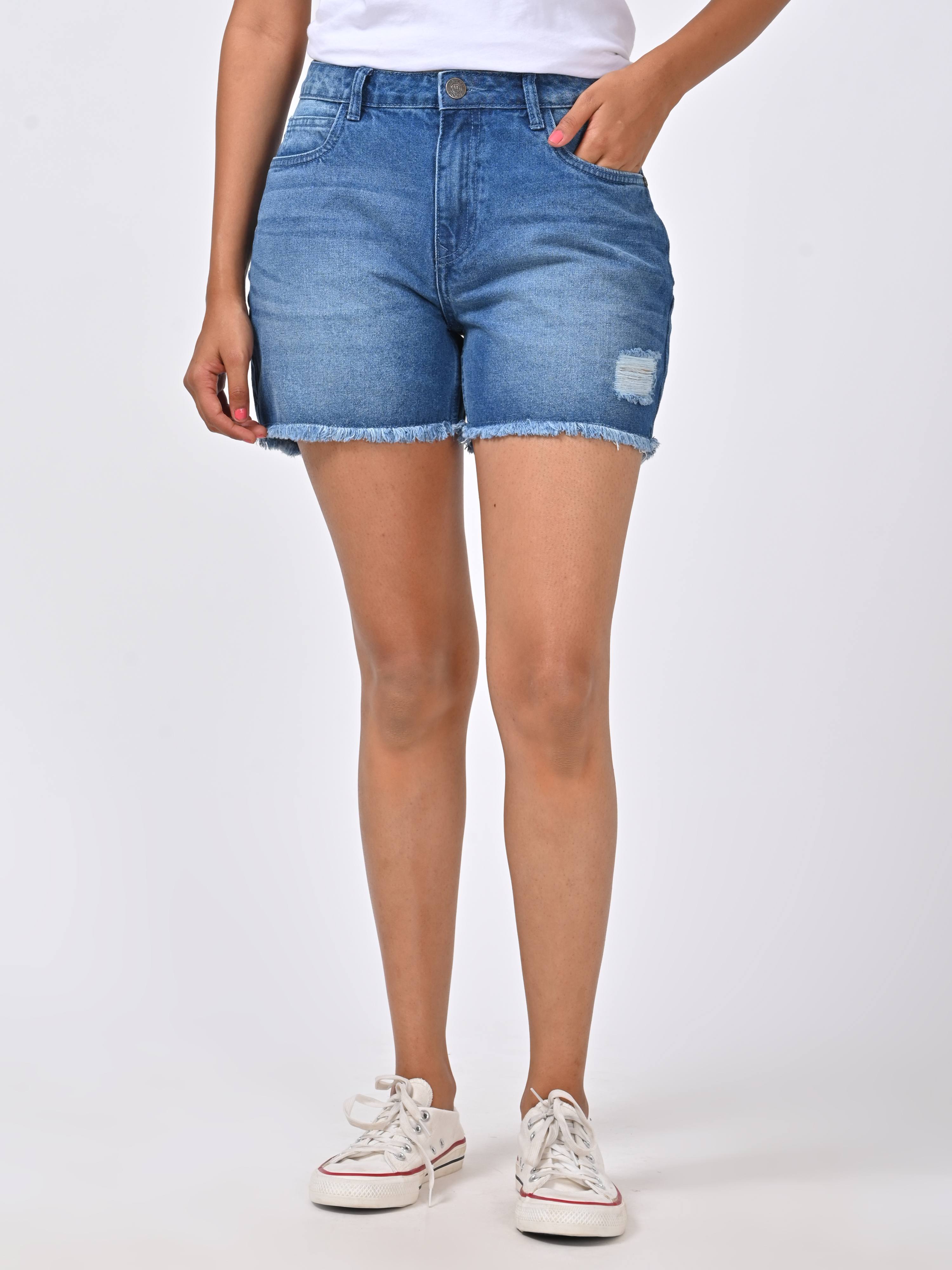 Mid-Rise Denim Shorts - Mid Blue