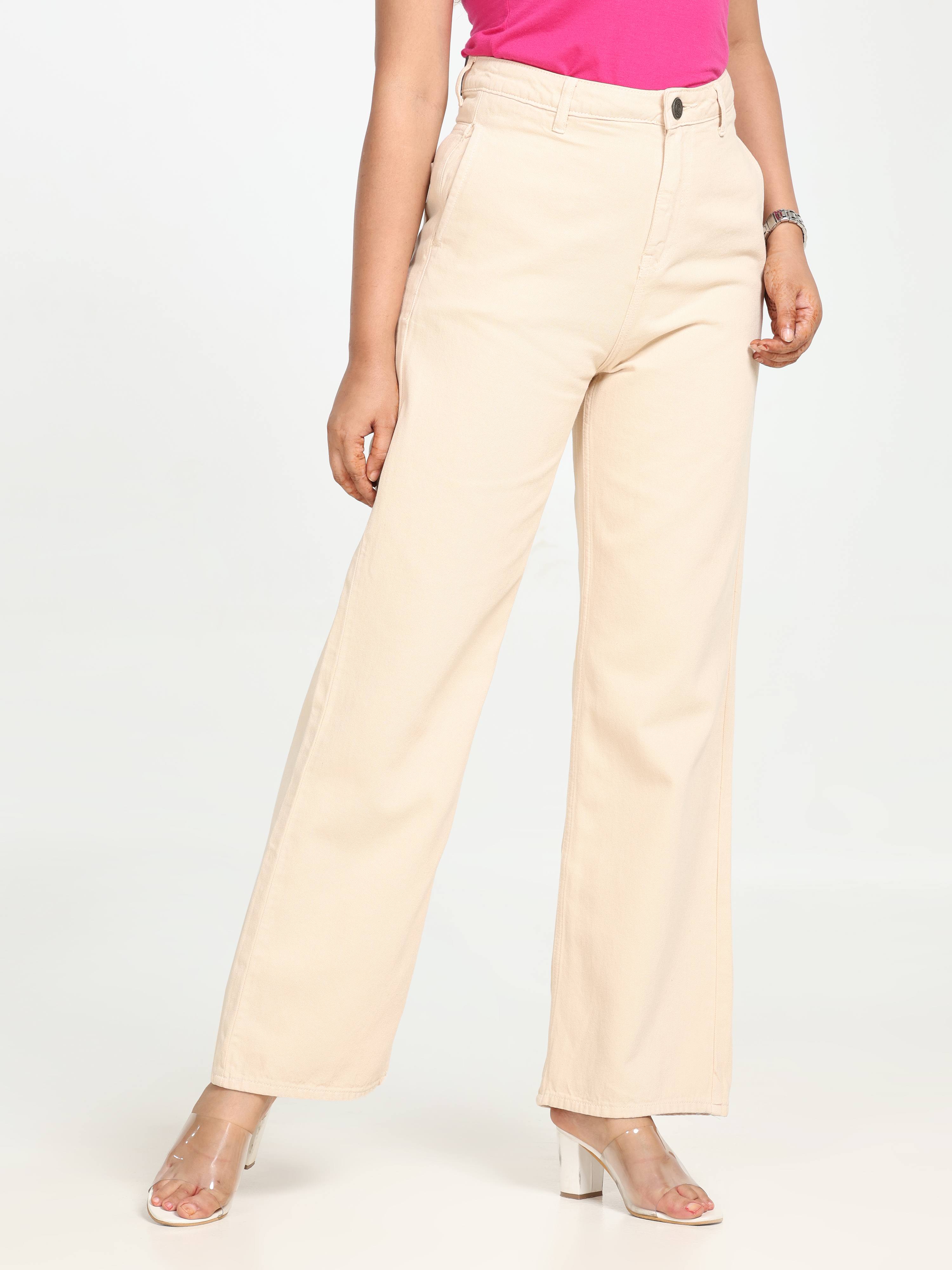 High Rise Wide Leg Denim - Beige