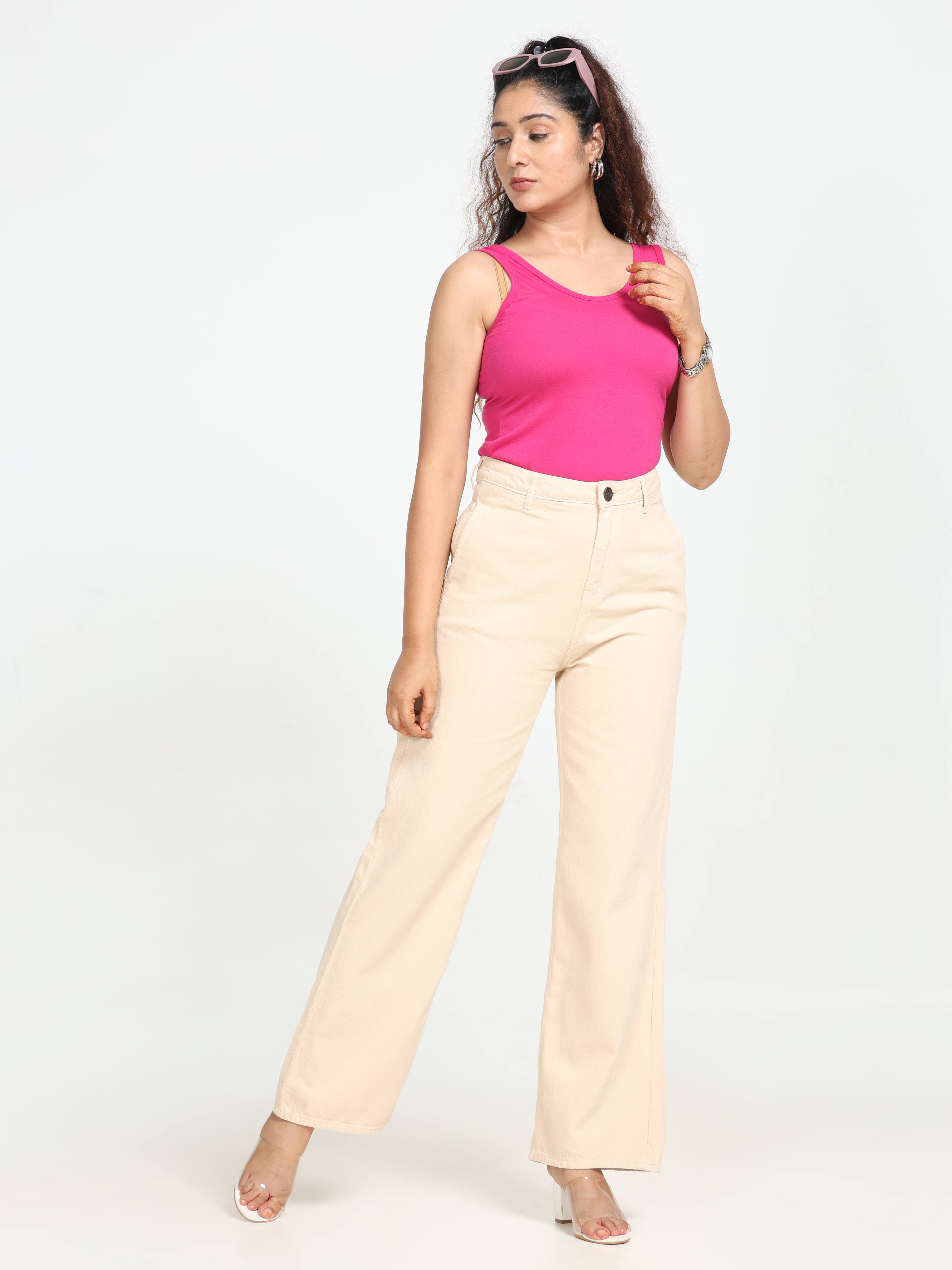 High Rise Wide Leg Denim - Beige