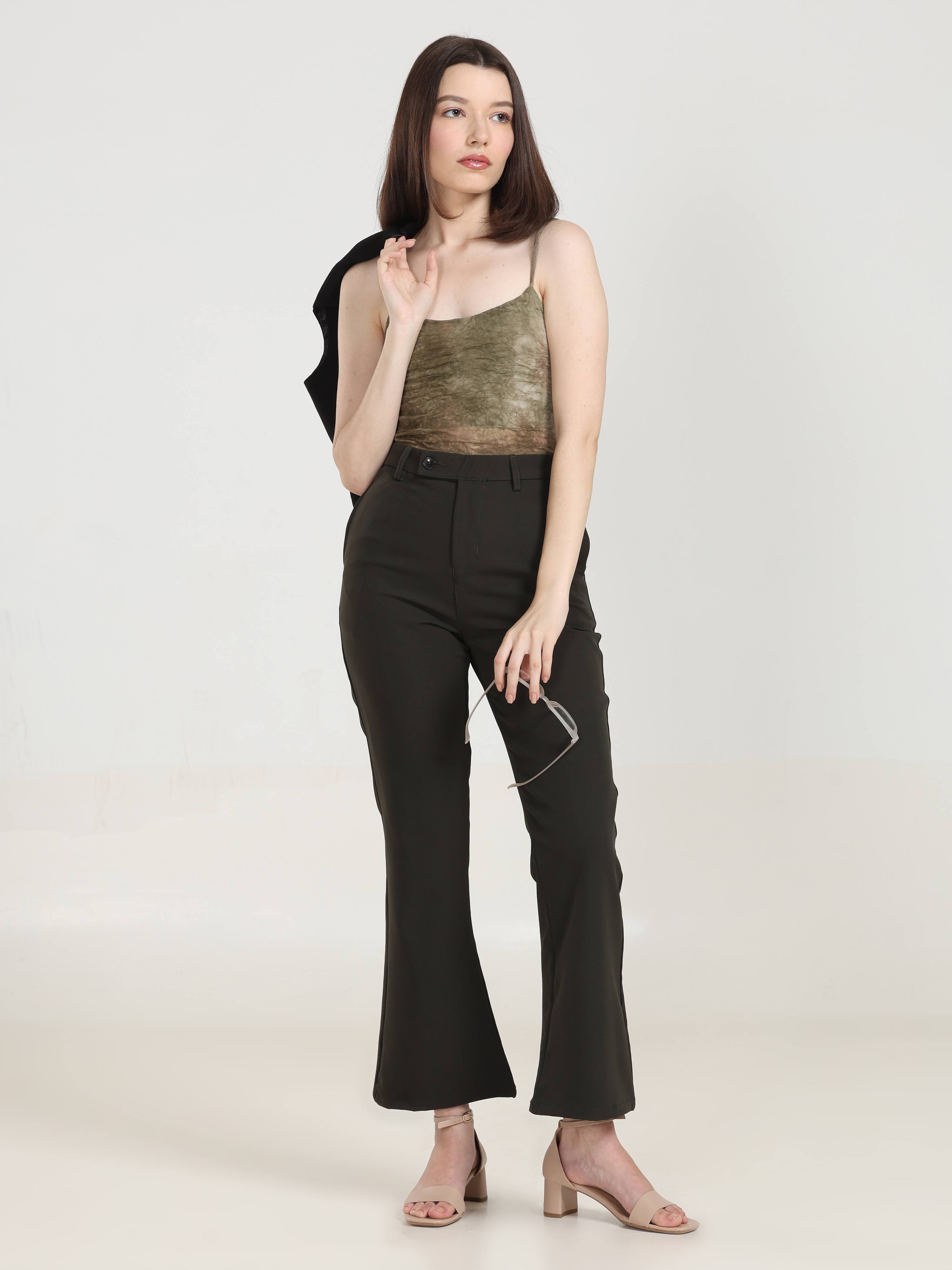 High Rise Bootcut Trousers -Dark Green