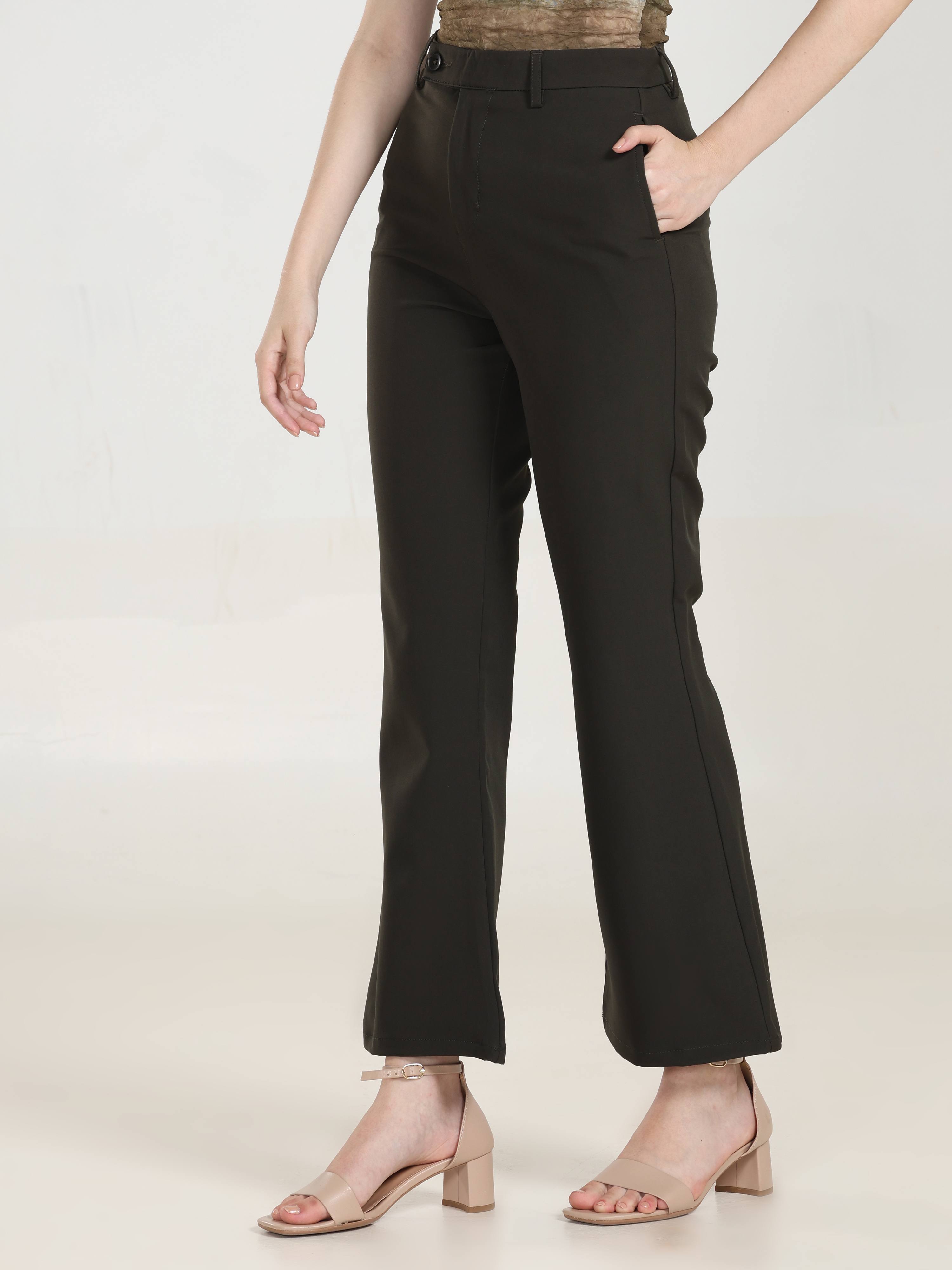 High Rise Bootcut Trousers -Dark Green