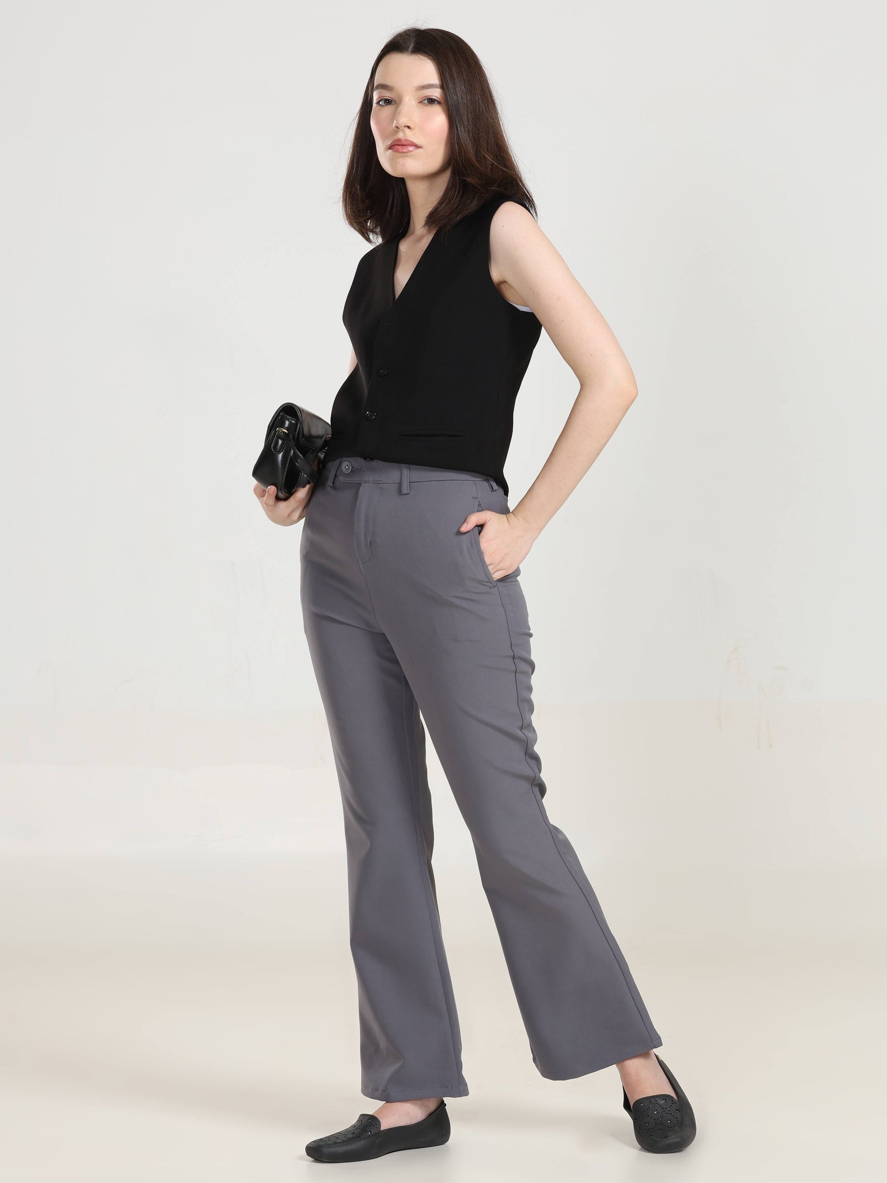 High Rise Bootcut Trousers - Dark Grey
