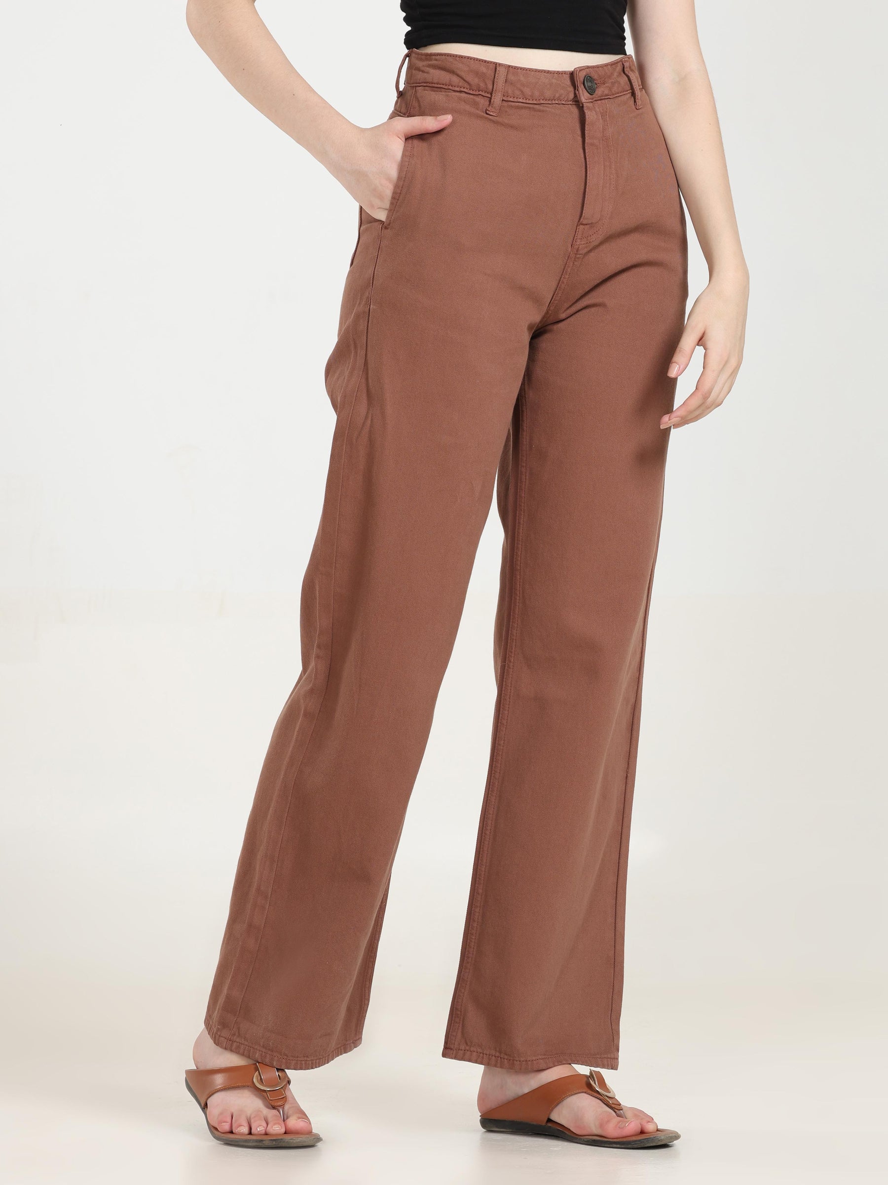 High Rise Wide Leg Denim - Brown