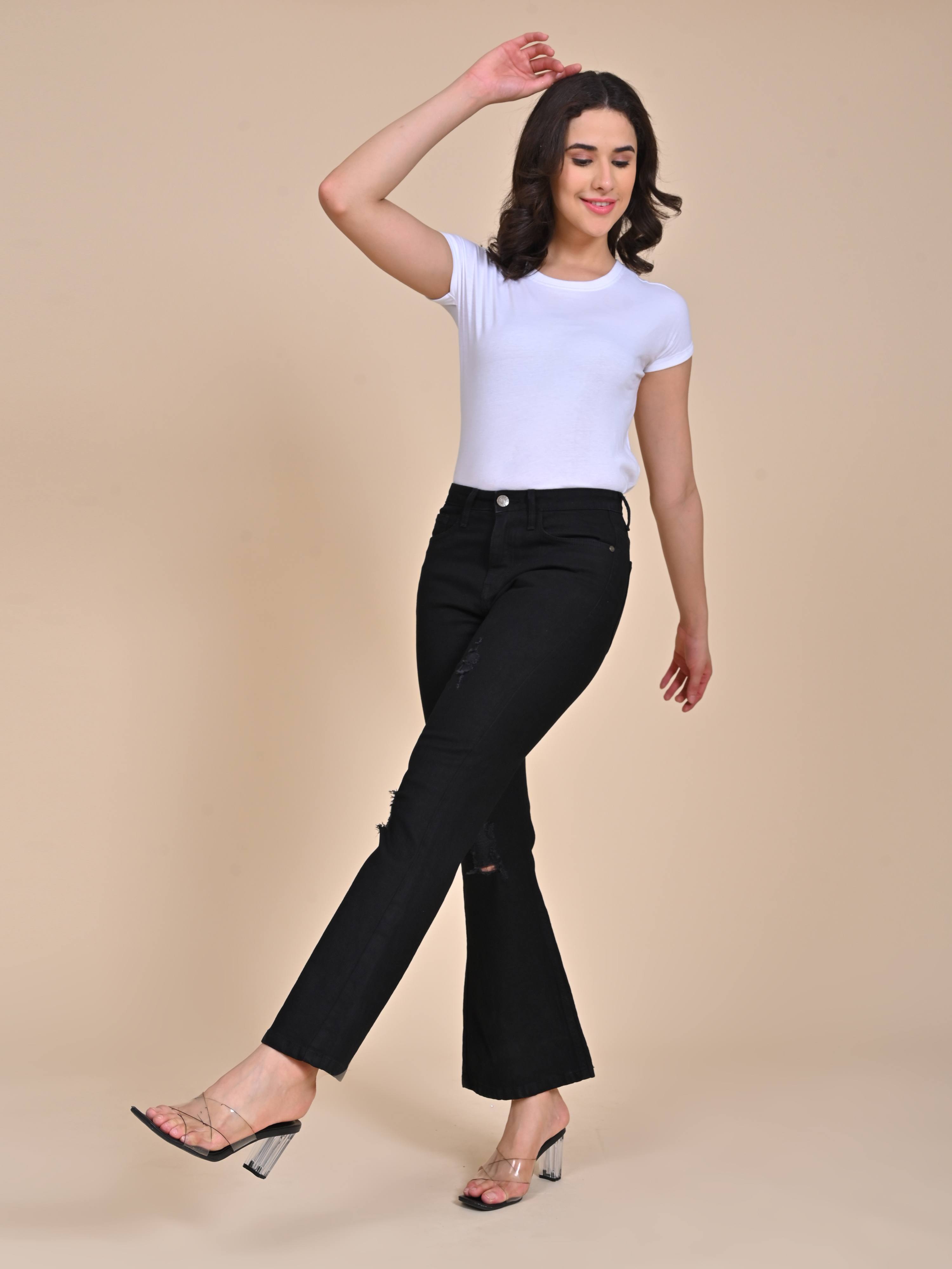 High Rise Bootcut Jeans - Jet Black Distressed Jeans