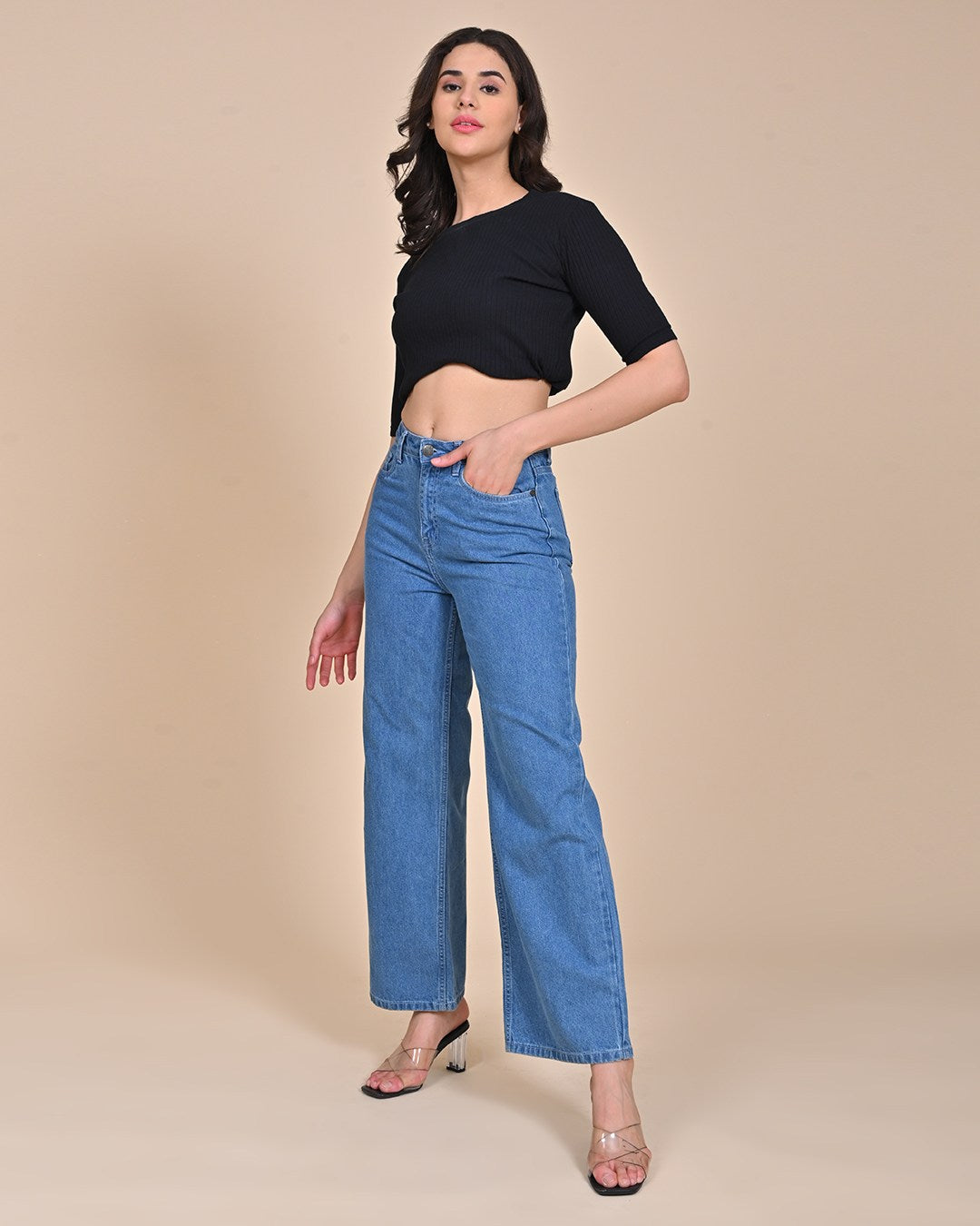 High Rise Wide Leg Denim Jeans - light Blue
