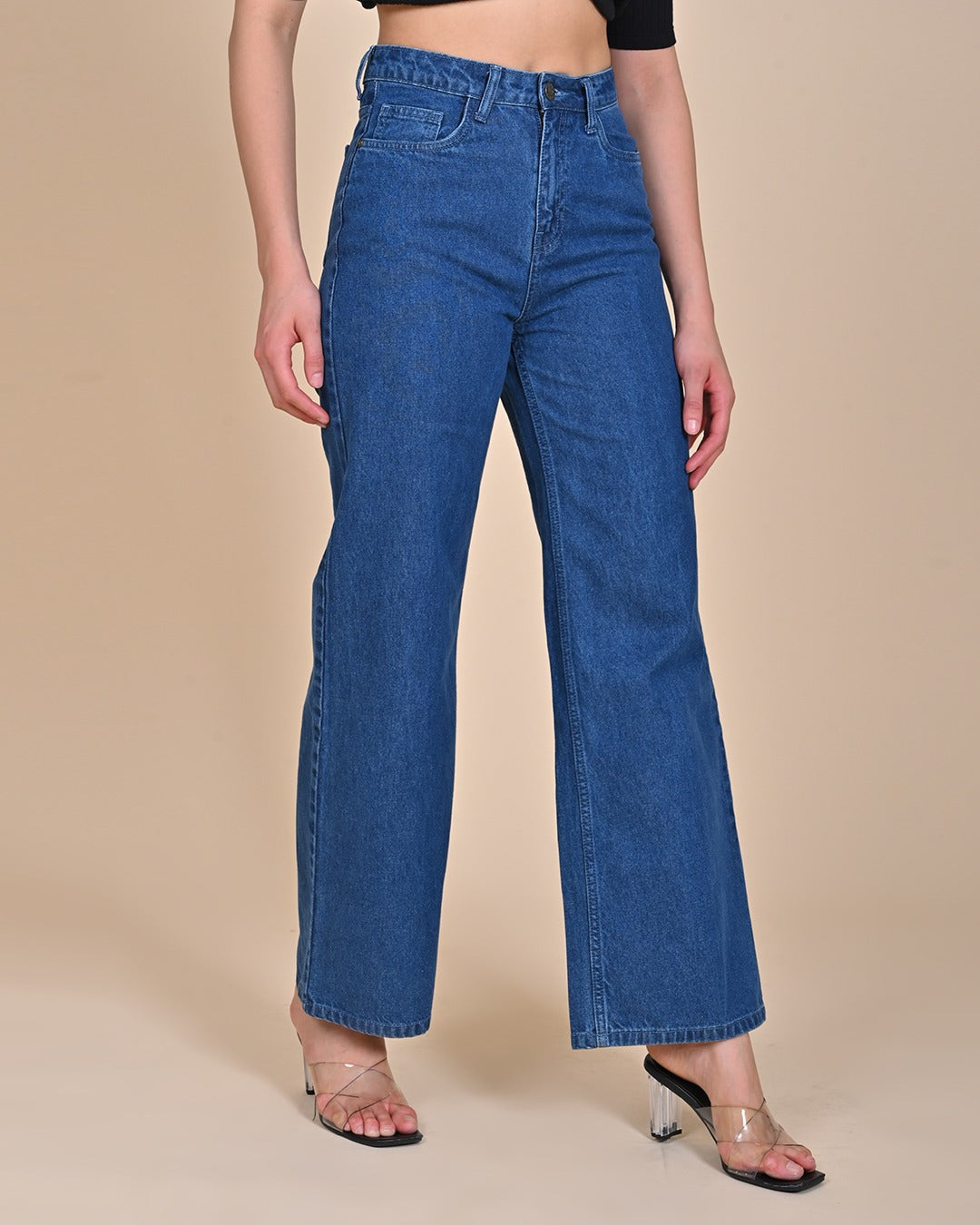 High Rise Wide leg Denim Jeans - Mid Blue