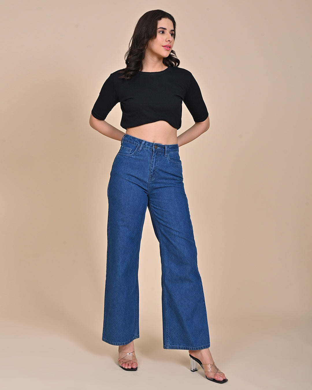 High Rise Wide leg Denim Jeans - Mid Blue