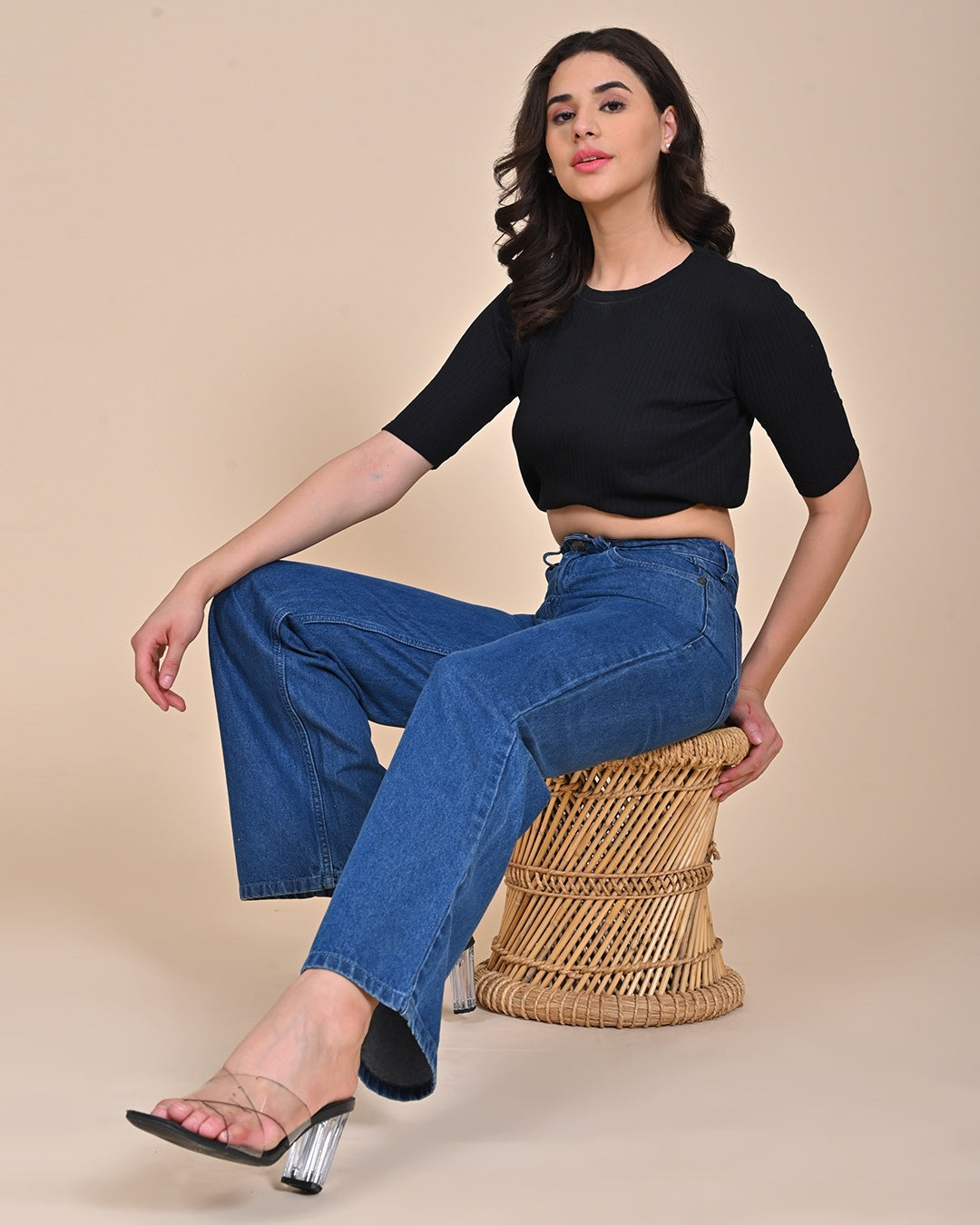 High Rise Wide leg Denim Jeans - Mid Blue