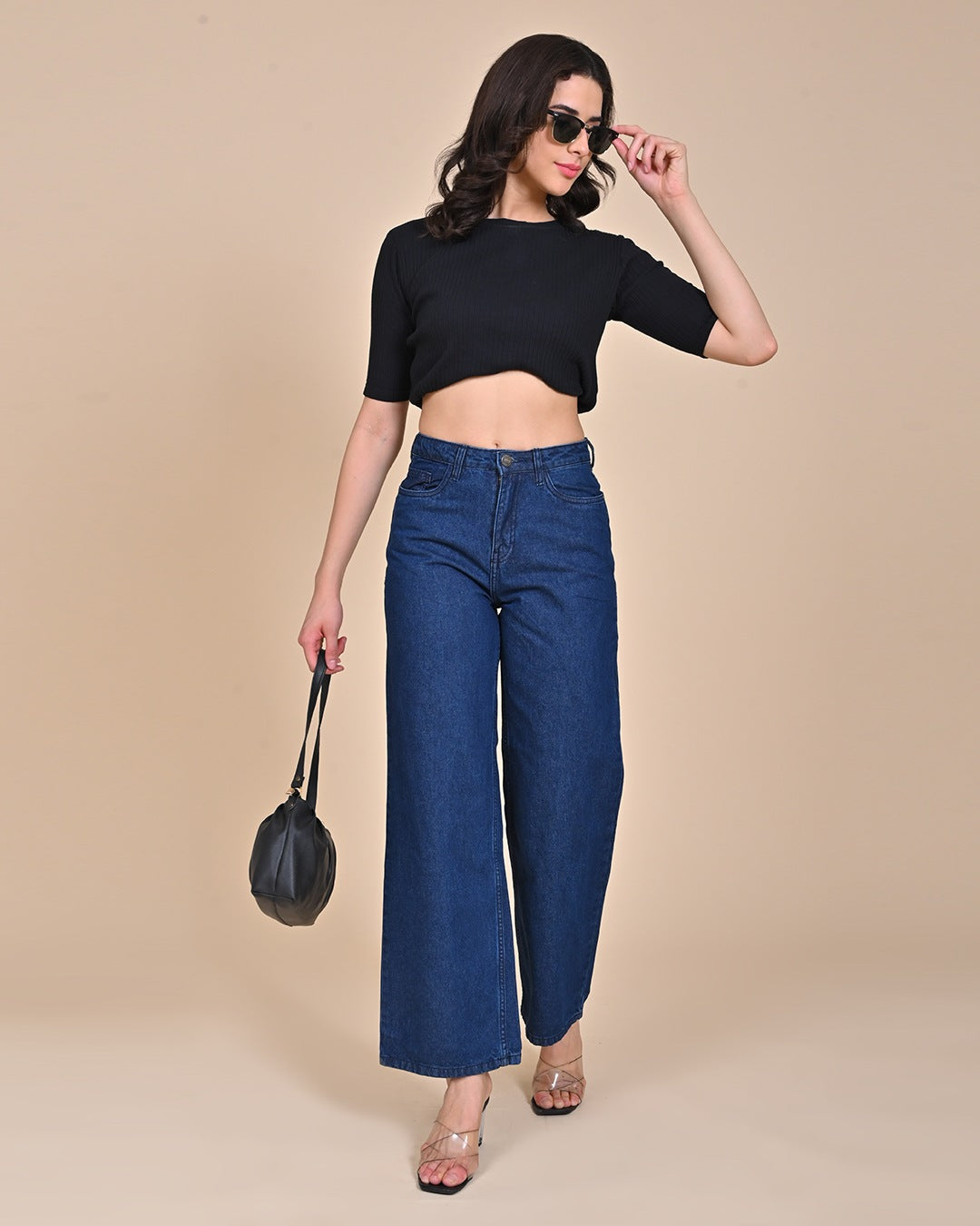 High Rise Wide Leg Denim Jeans - Indigo