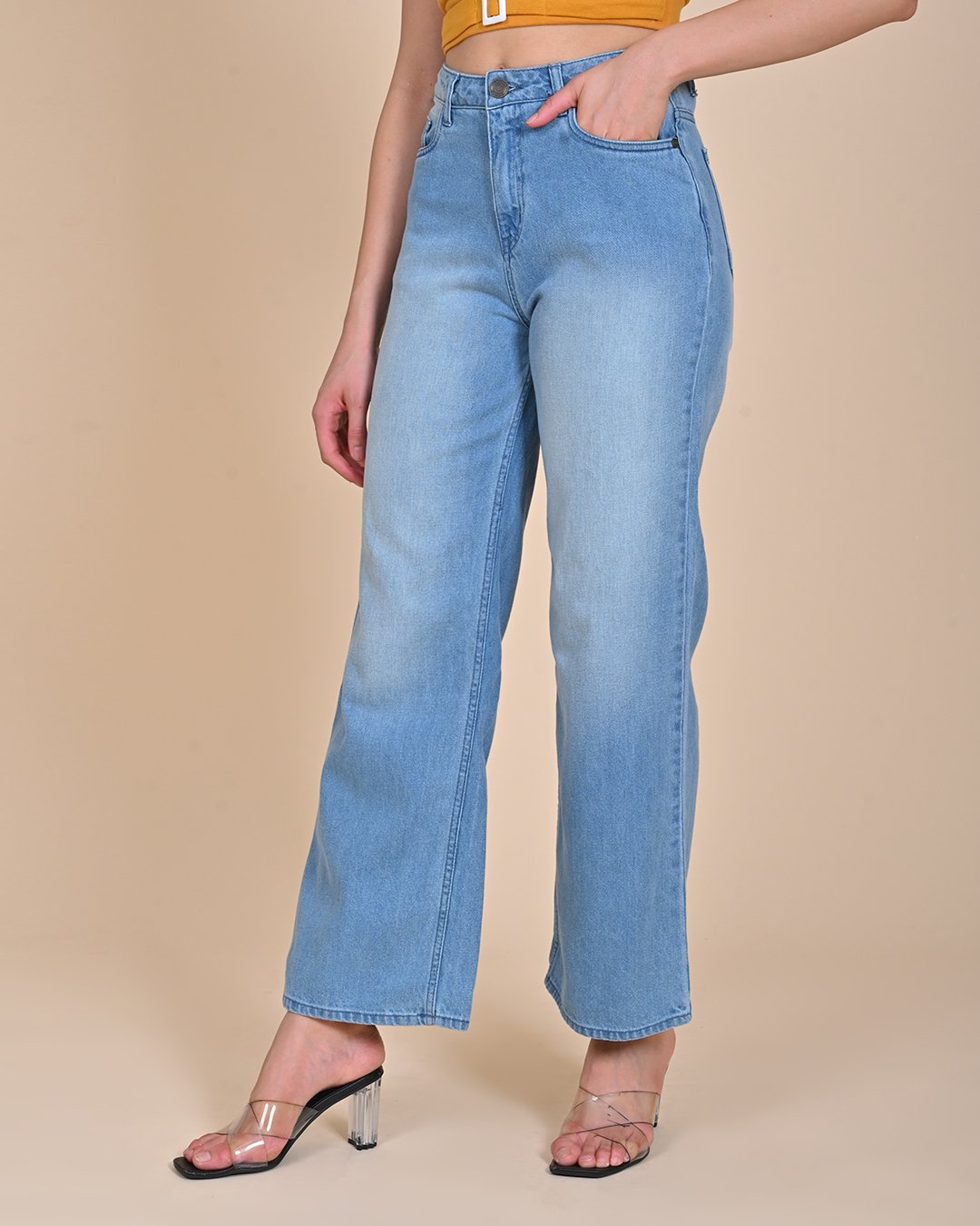 High Rise Wide Leg Denim Jeans - Light blue