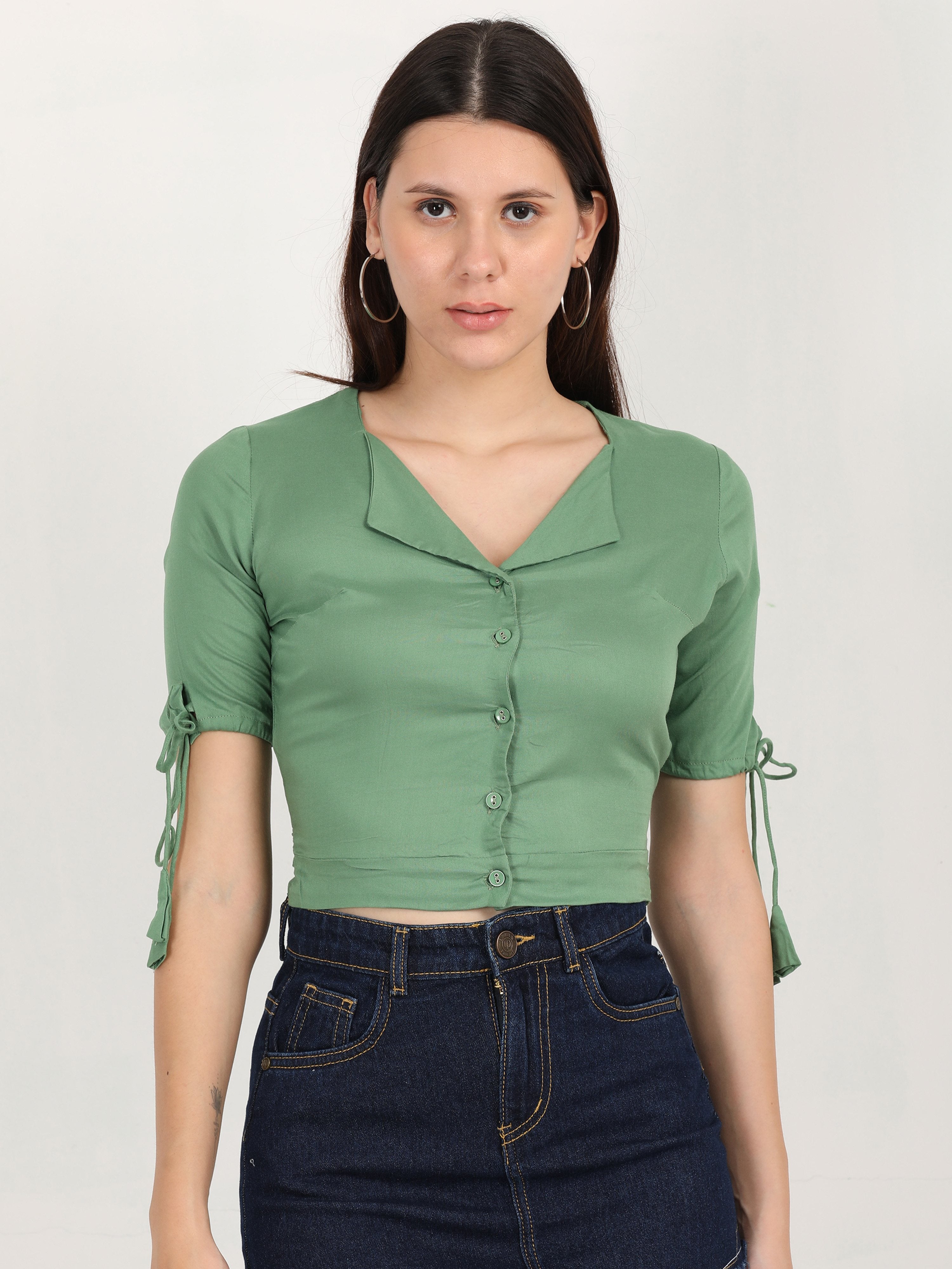 Tie up sleeve shawl collar crop top