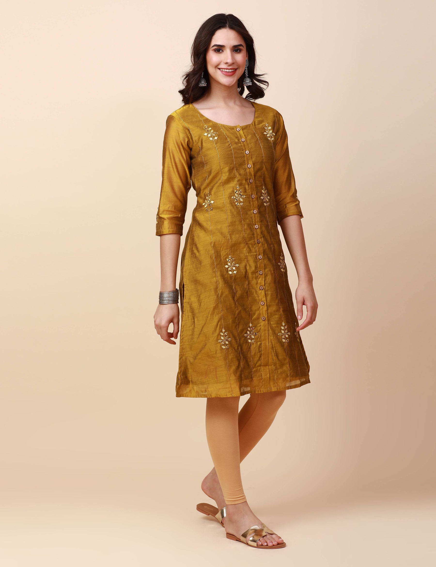 Chanderi Silk A-Line Kurta, Hand Embroidery and mirror work - Light Gold