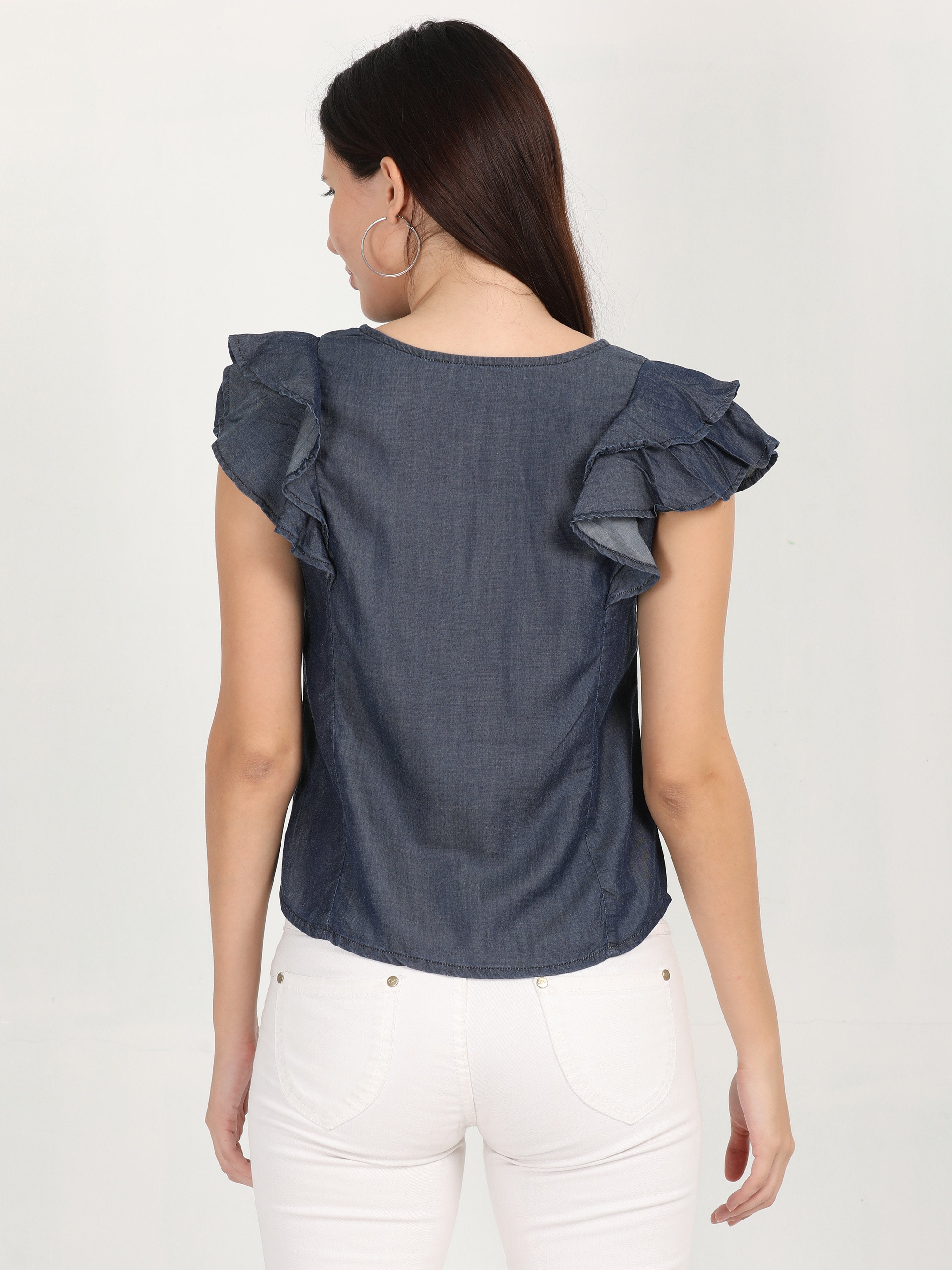 Round neck flounced denim top
