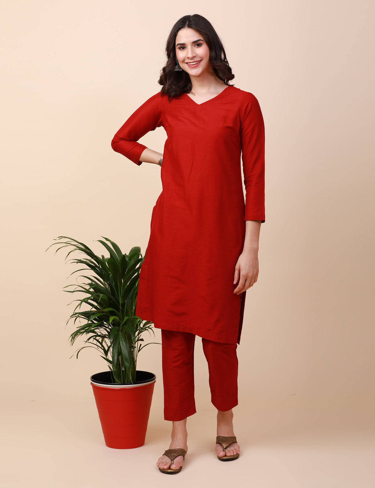 Plain Silk Kurta and Pant Set - Red