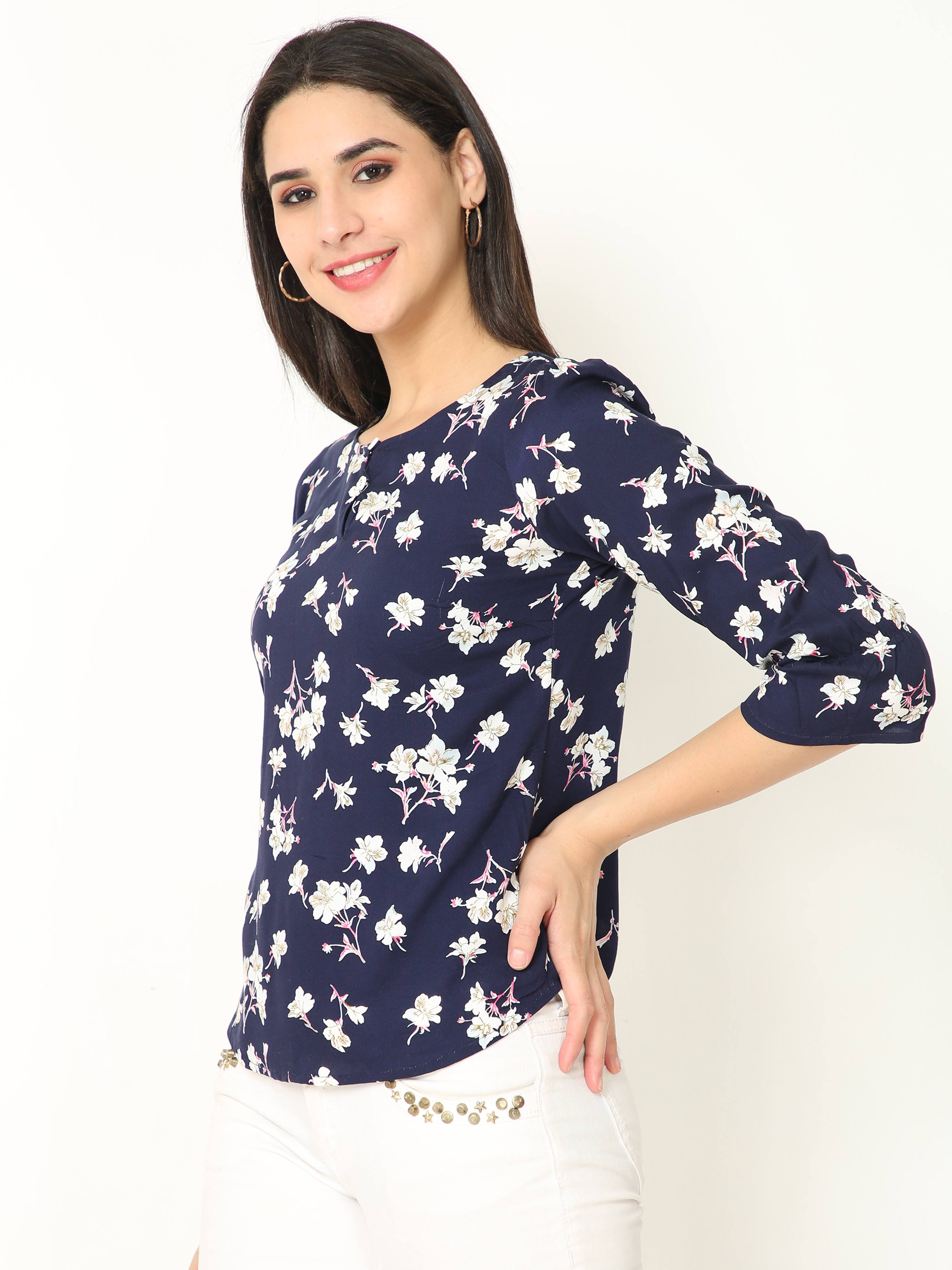 Floral Print Navy Blue Casual Top