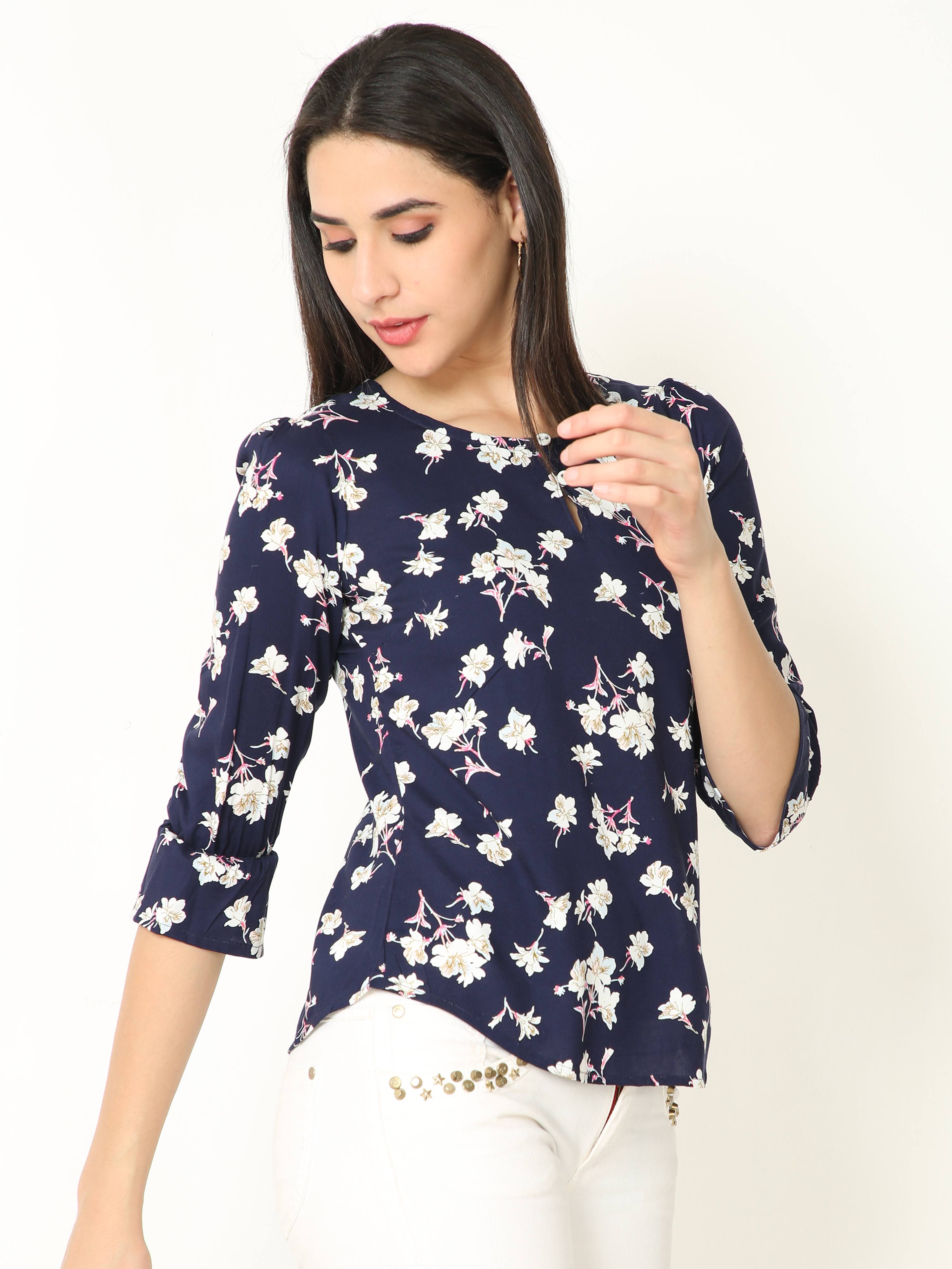 Floral Print Navy Blue Casual Top