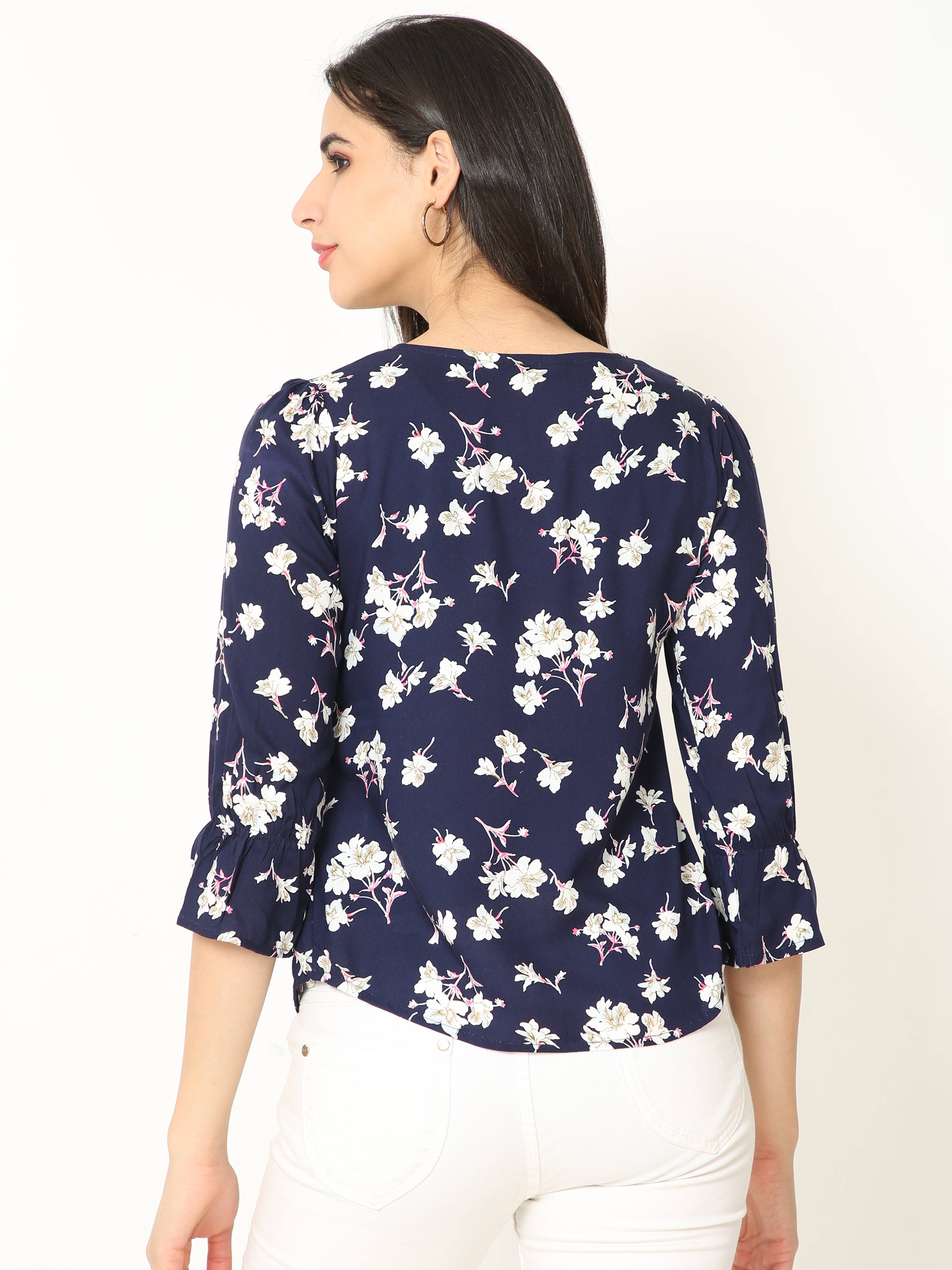 Floral Print Navy Blue Casual Top
