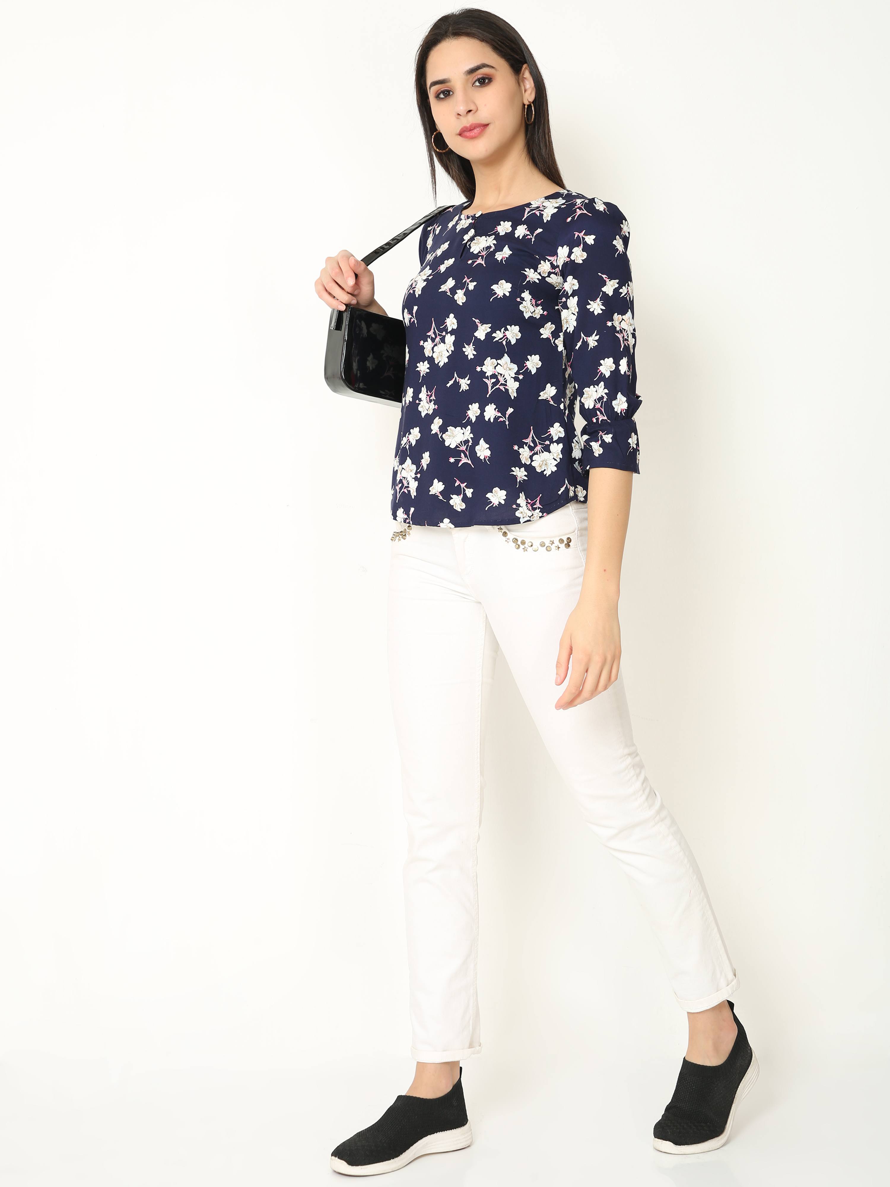 Floral Print Navy Blue Casual Top