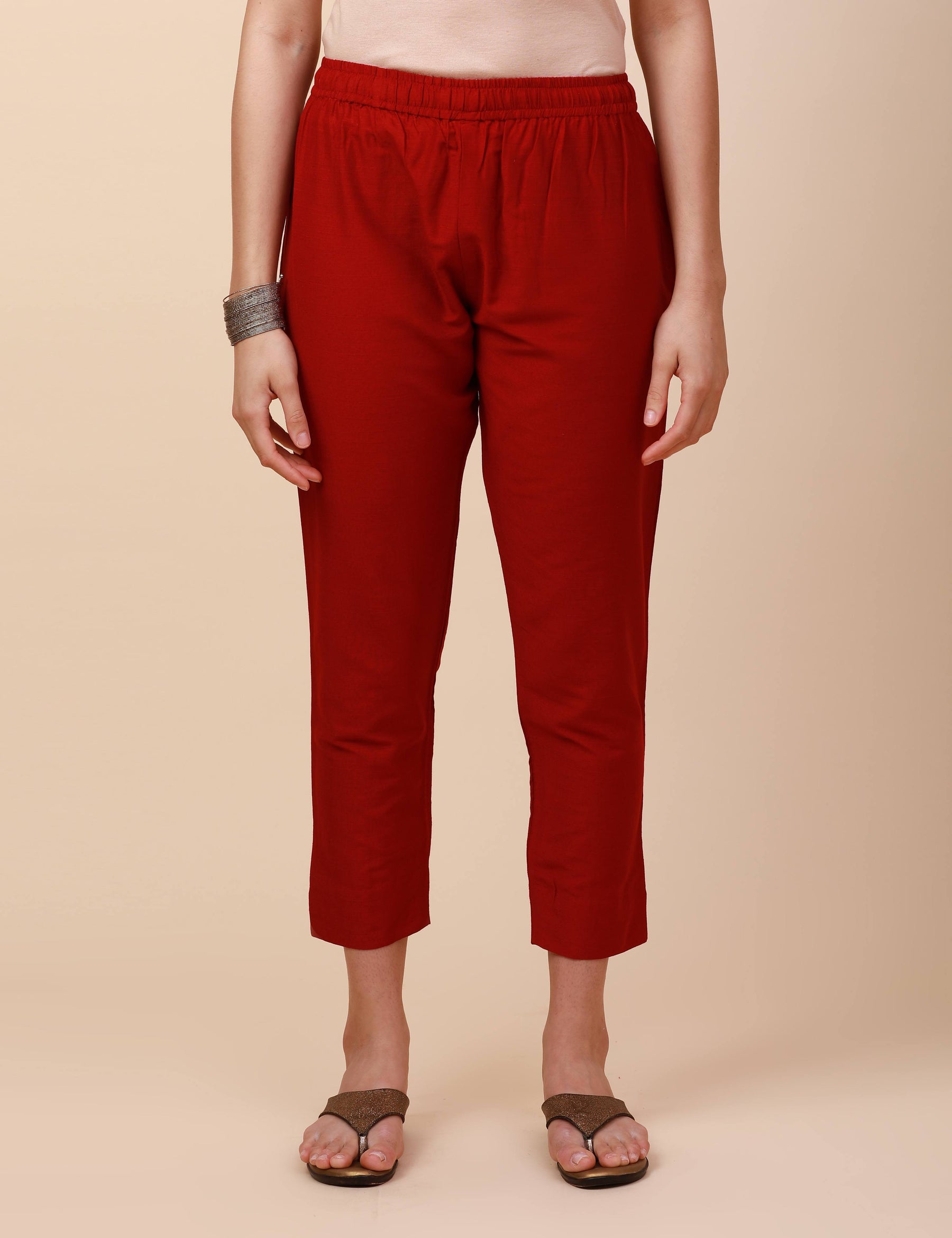 Plain Silk Kurta and Pant Set - Red