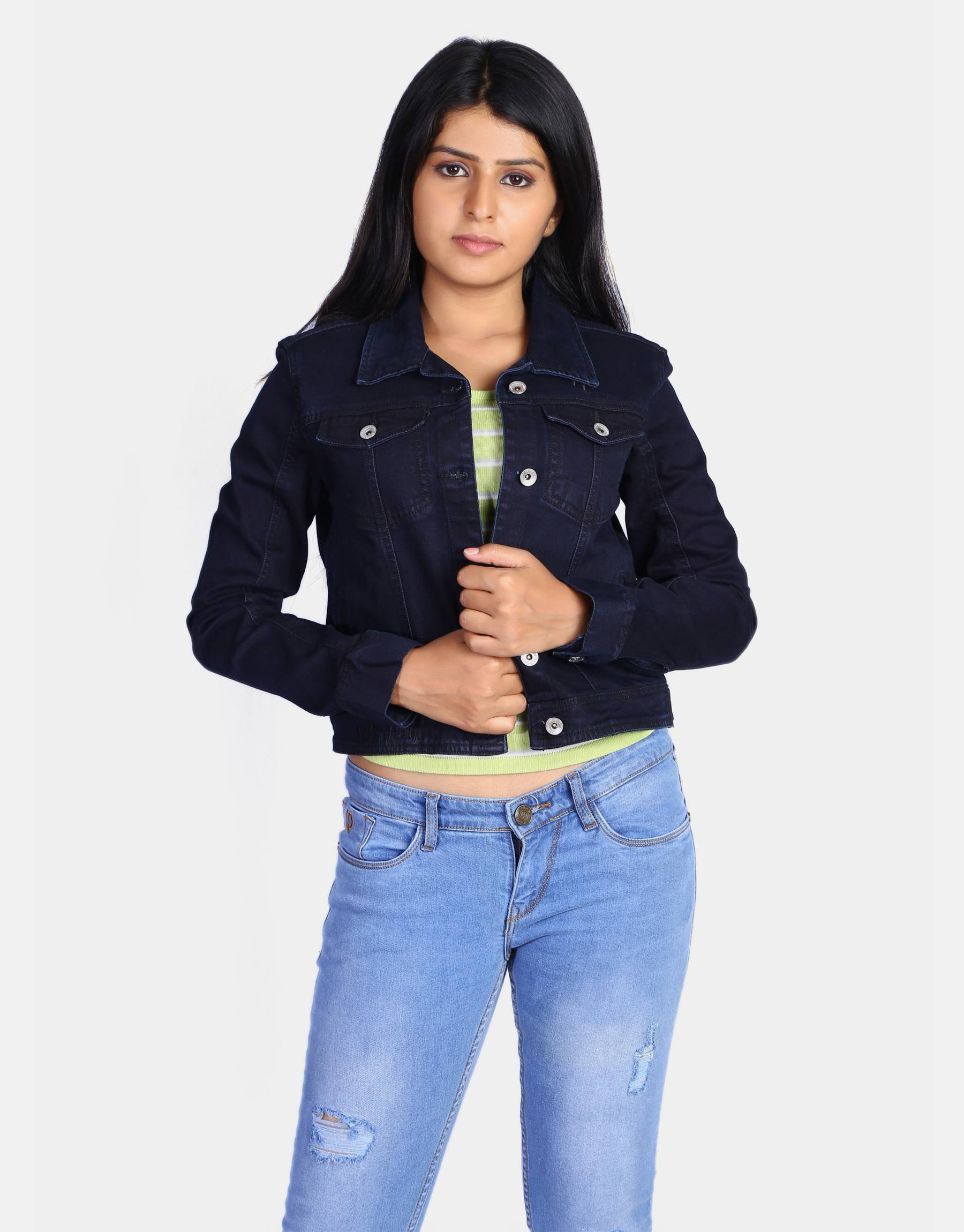 Women Dark Blue Solid Denim Jacket